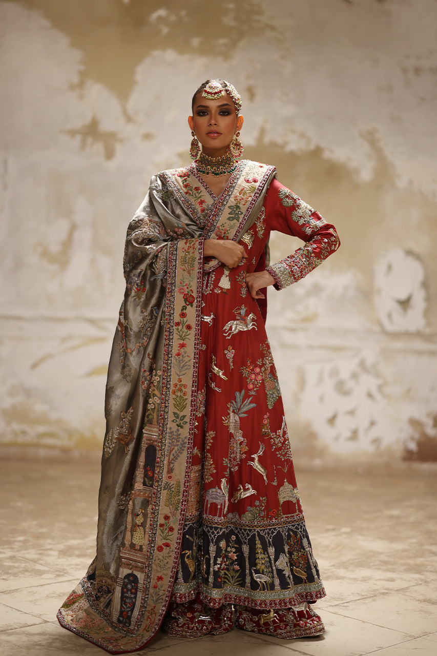 Rust Embroidered Raw Silk Kalidaar Dress (3-Piece) - Image 1