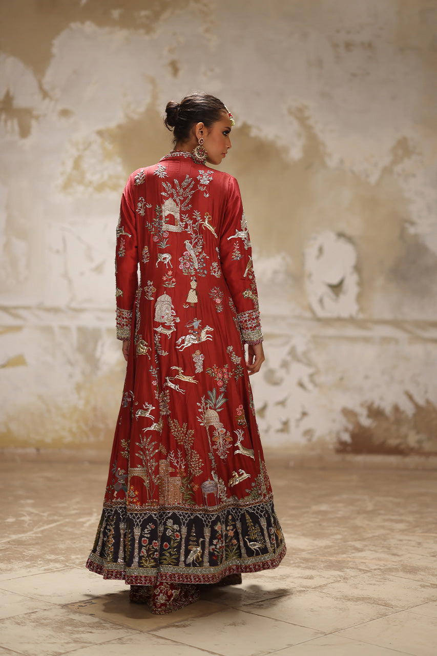 Rust Embroidered Raw Silk Kalidaar Dress (3-Piece) - Image 2