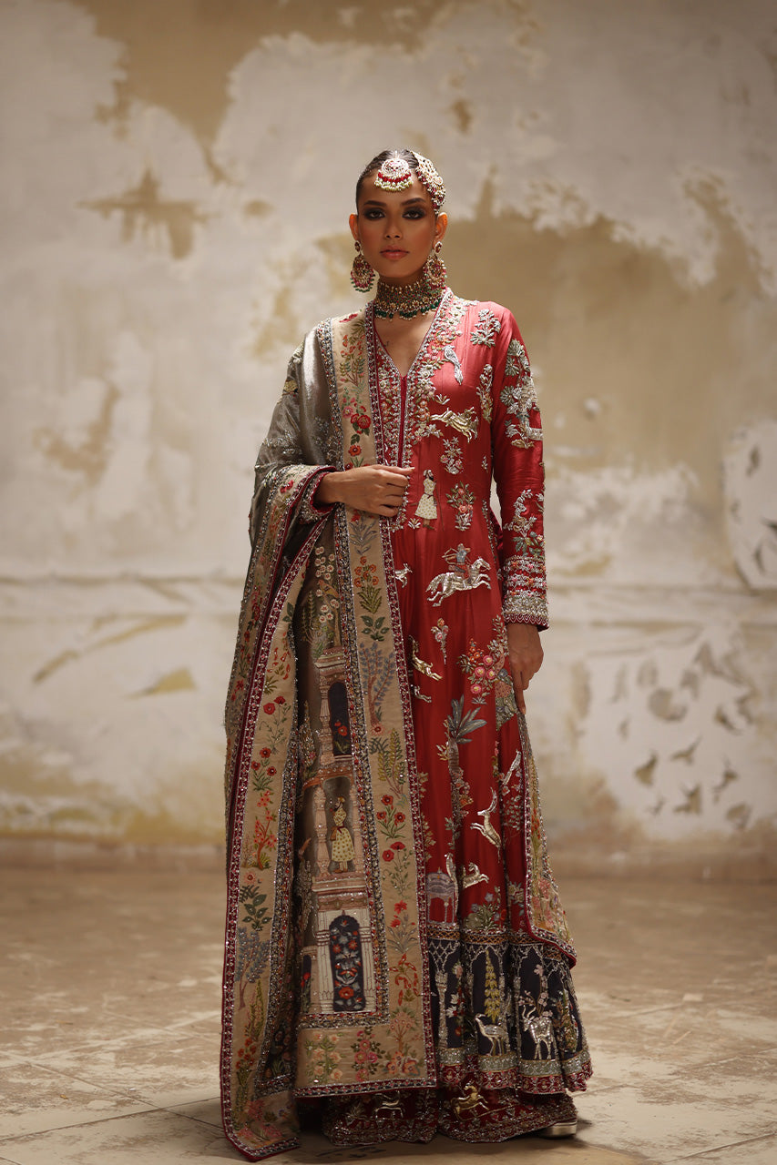Rust Embroidered Raw Silk Kalidaar Dress (3-Piece) - Image 4