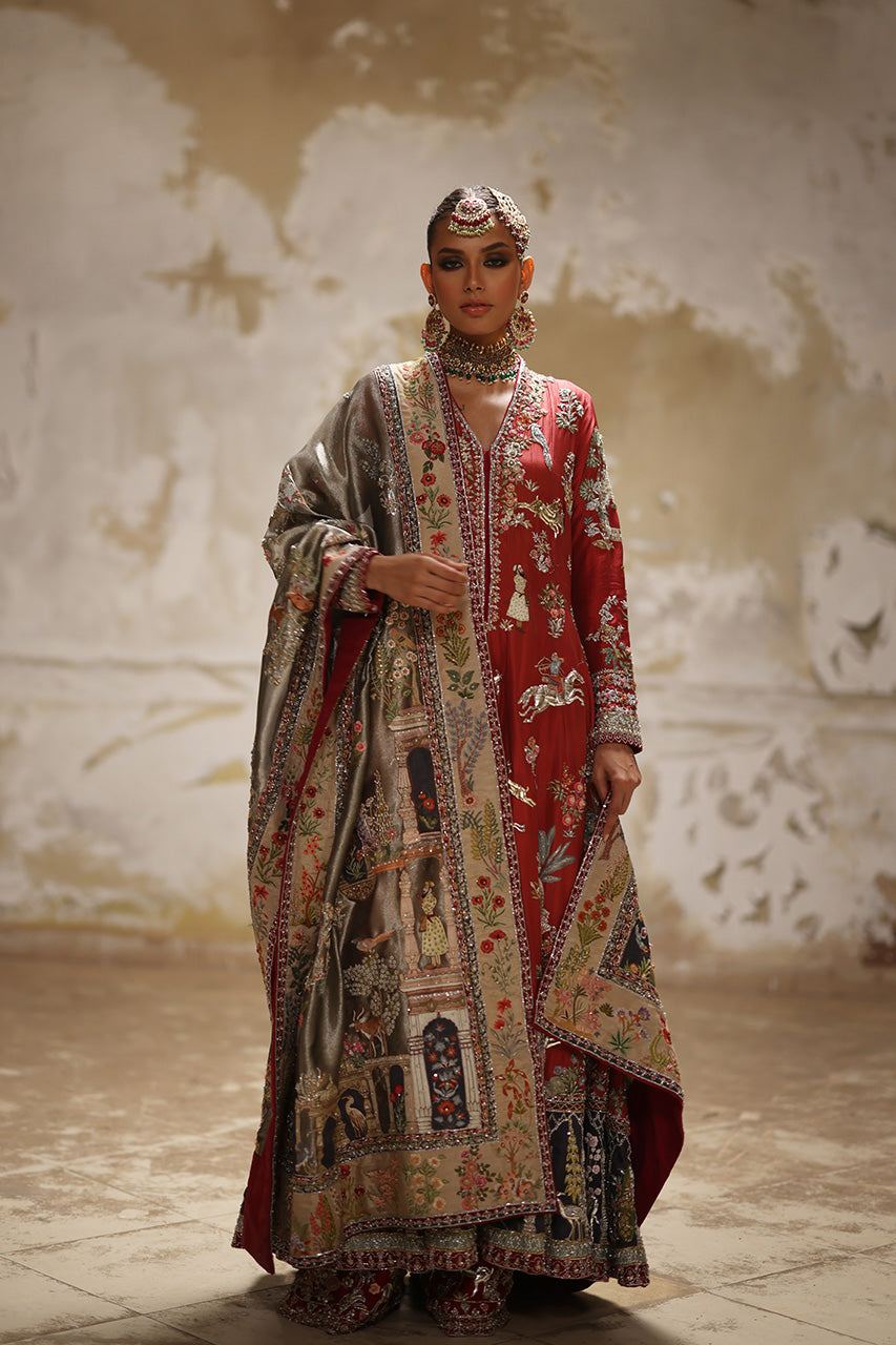 Rust Embroidered Raw Silk Kalidaar Dress (3-Piece) - Image 6