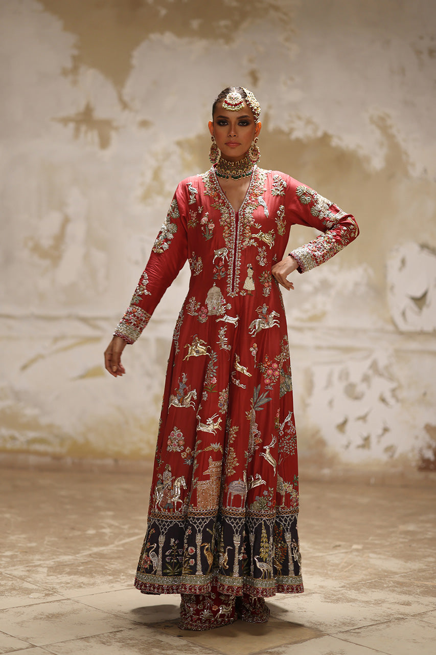 Rust Embroidered Raw Silk Kalidaar Dress (3-Piece) - Image 7