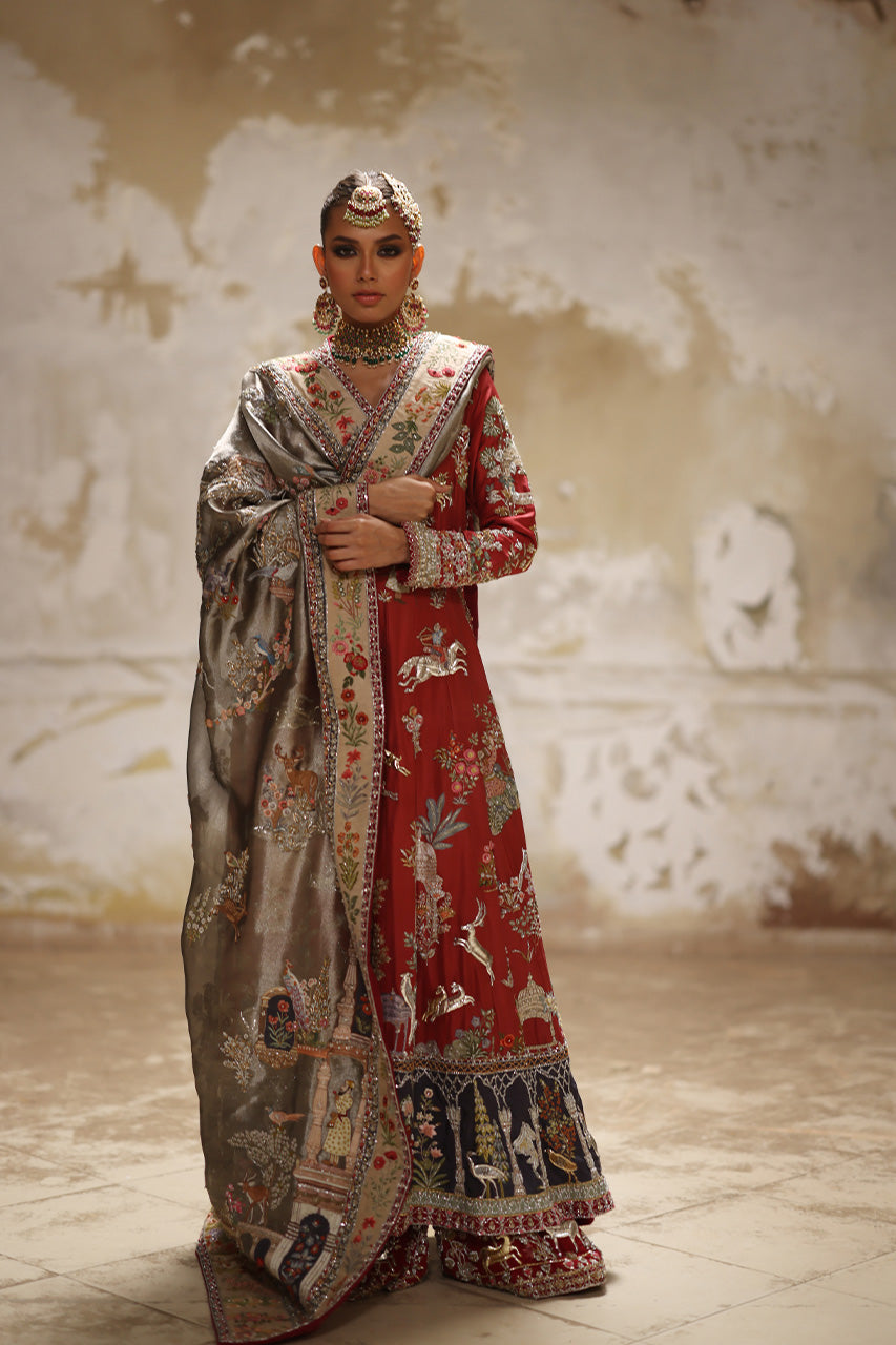 Rust Embroidered Raw Silk Kalidaar Dress (3-Piece) - Image 8