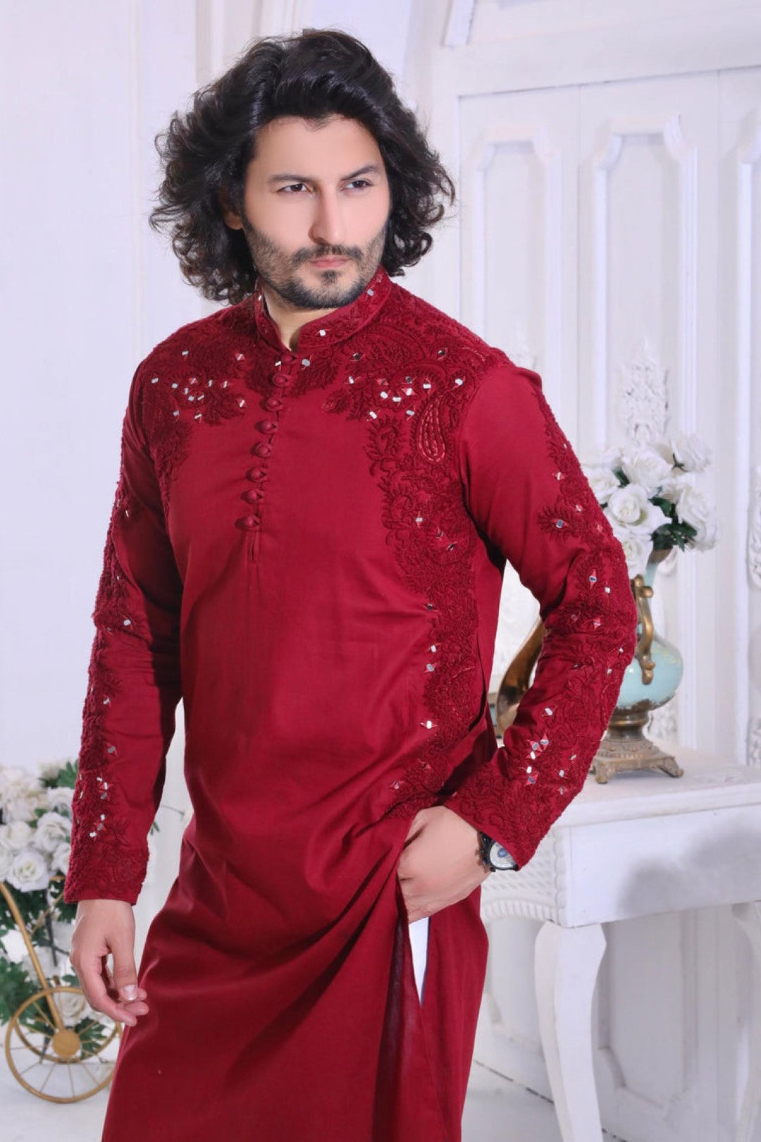 Maroon Embroidered Silk Kurta Pajama (2-Piece) - Image 3