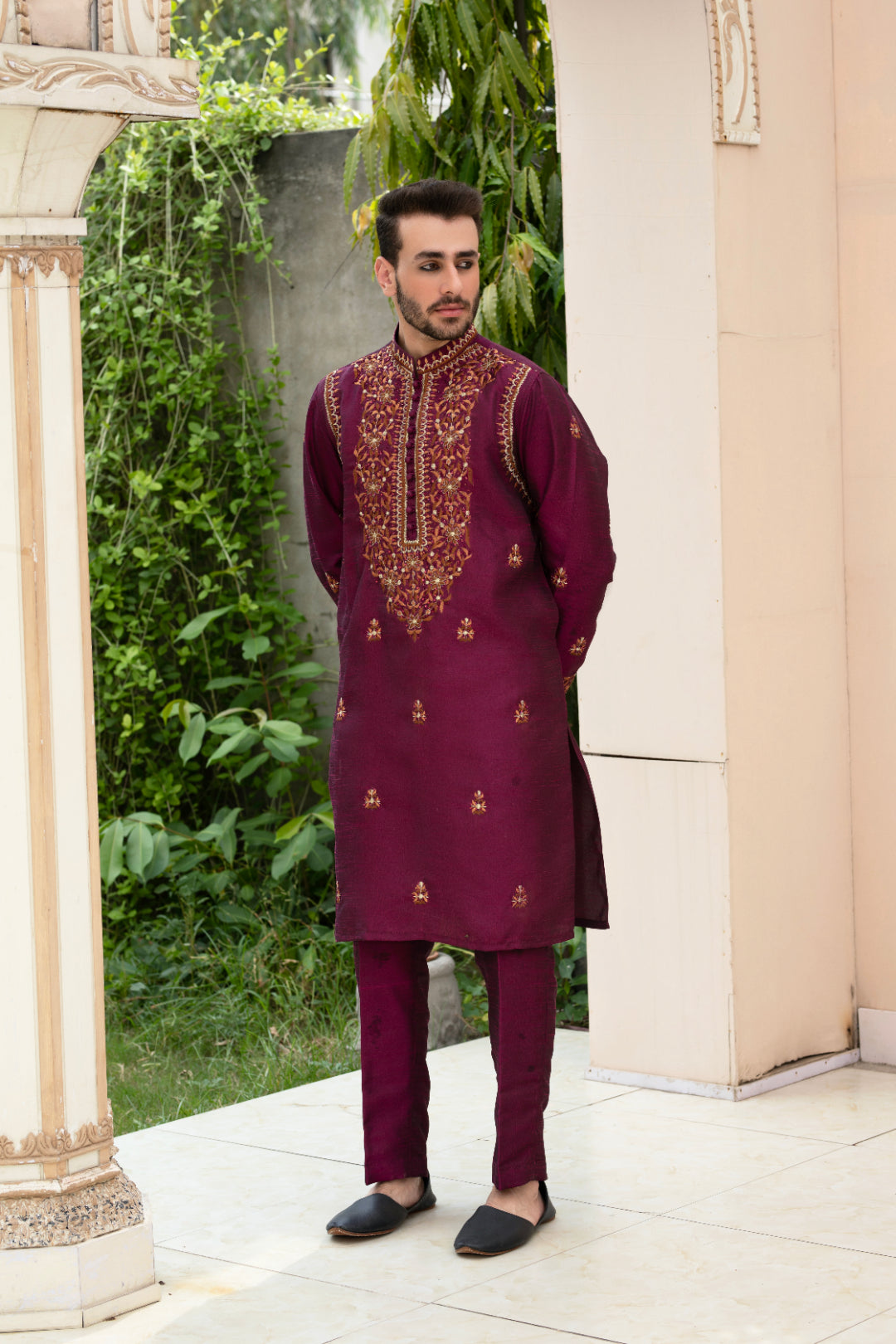 Burgundy Hand Embroidered Silk Kurta Pajama (2-Piece) - Image 2