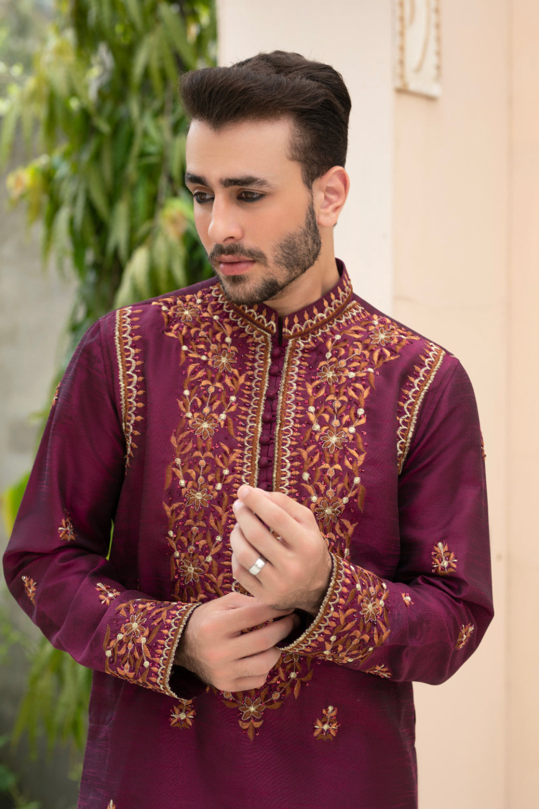 Burgundy Hand Embroidered Silk Kurta Pajama (2-Piece) - Image 3