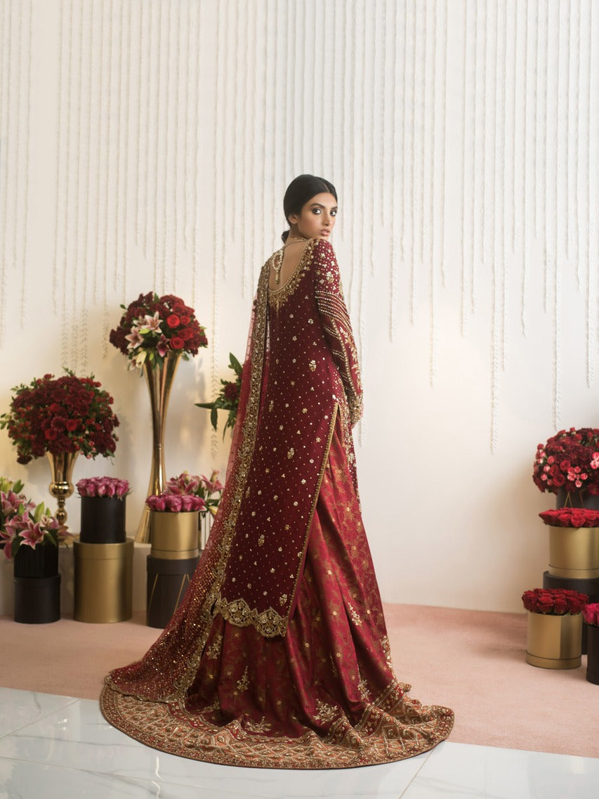 Maroon Zardozi Cotton Net Bridal Lehenga (3-Piece) - Image 2