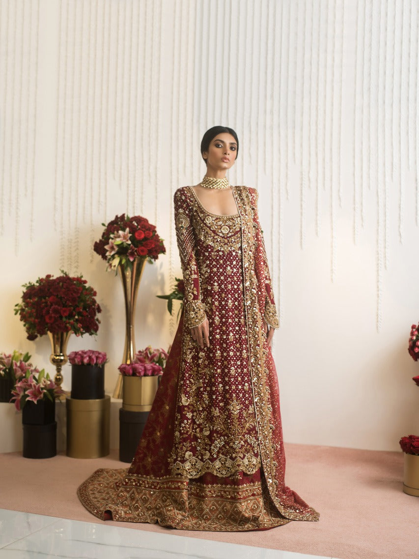 Maroon Zardozi Cotton Net Bridal Lehenga (3-Piece) - Image 3