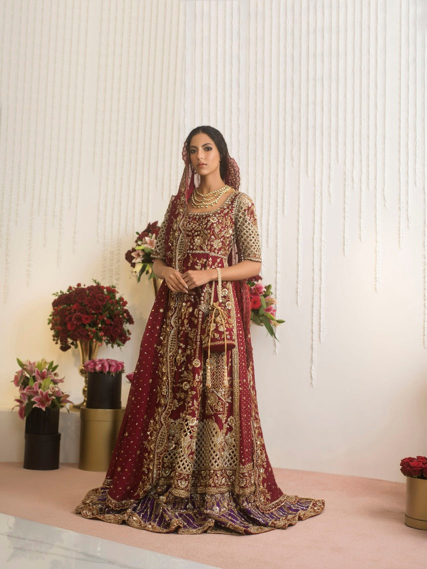 Maroon Zardozi Cotton Net Bridal Lehenga (3-Piece) - Image 4