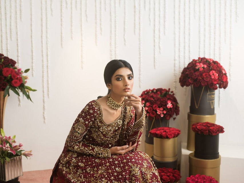 Maroon Zardozi Cotton Net Bridal Lehenga (3-Piece) - Image 5