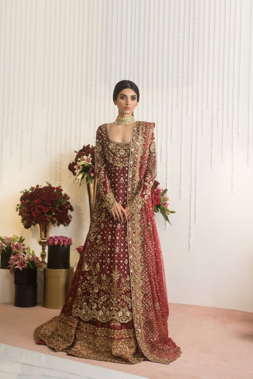 Maroon Zardozi Cotton Net Bridal Lehenga (3-Piece) - Image 8