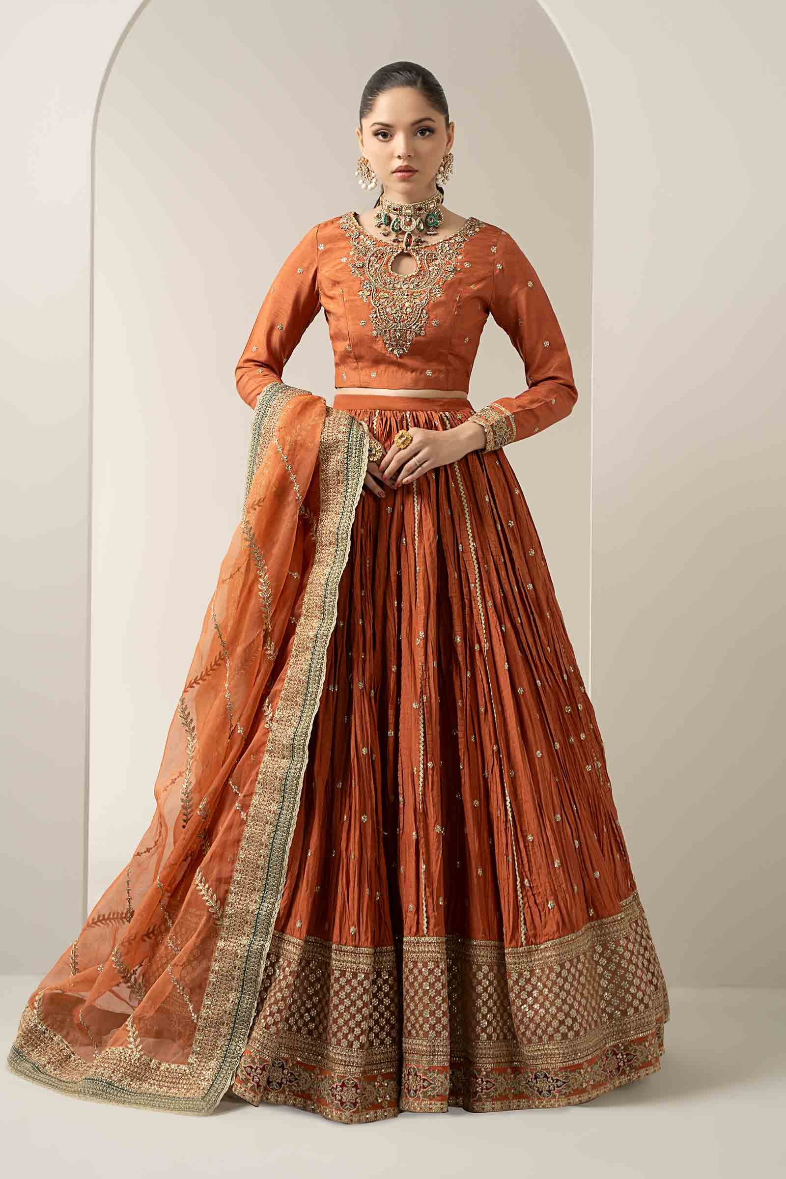 Pakistani Rust Embroidered Bemberg Raw Silk Lehenga (3-Piece) - Image 2