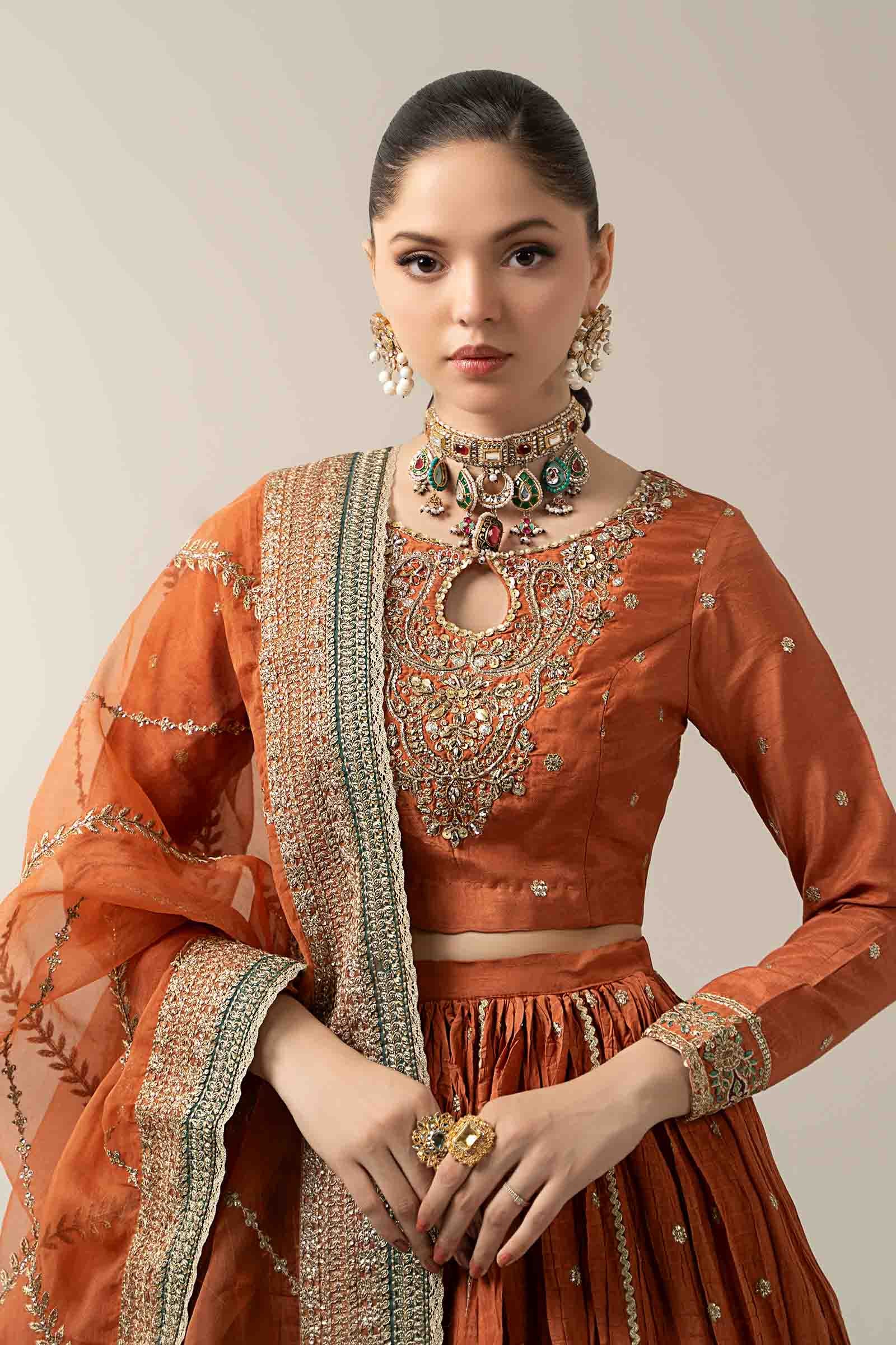 Pakistani Rust Embroidered Bemberg Raw Silk Lehenga (3-Piece) - Image 3
