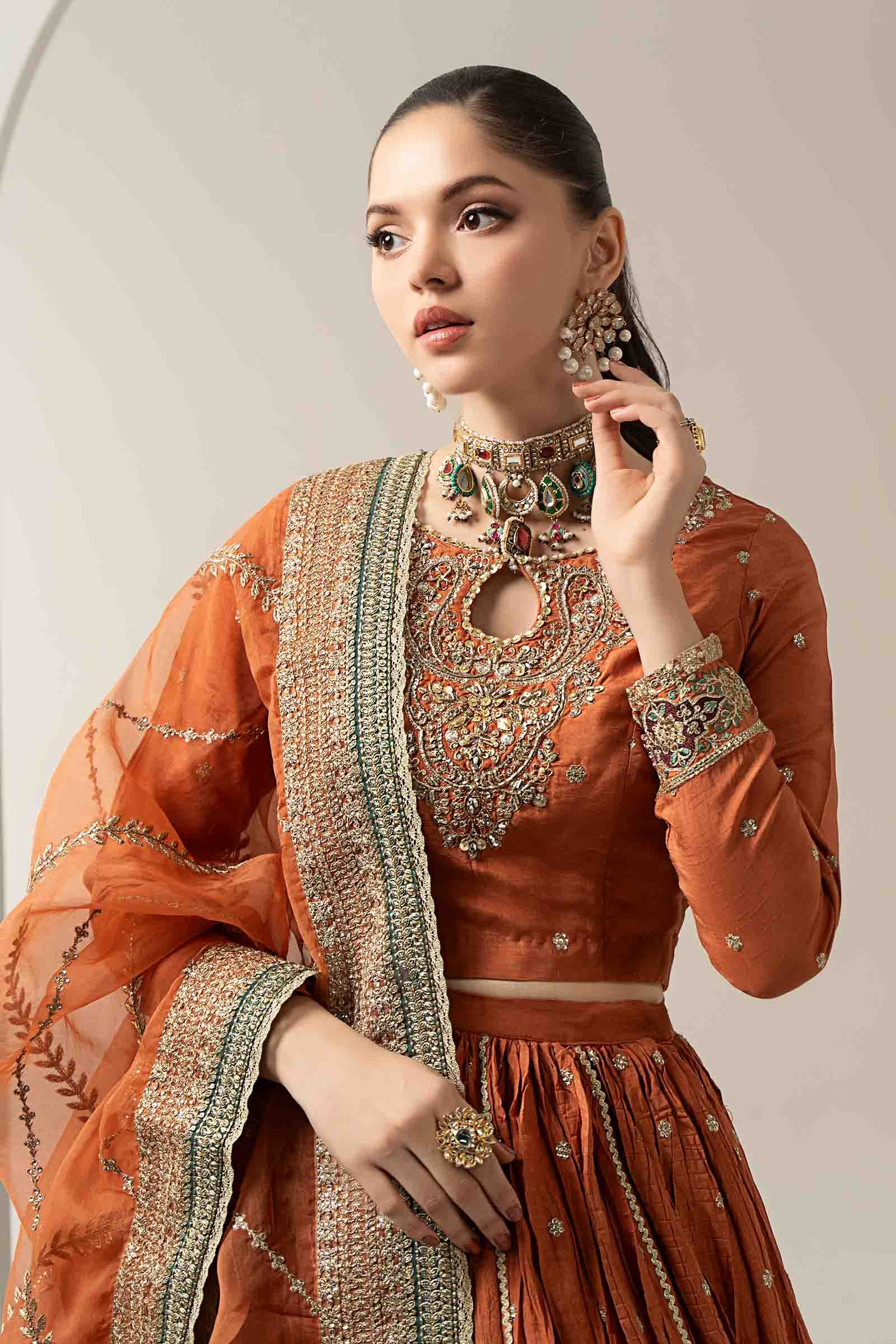 Pakistani Rust Embroidered Bemberg Raw Silk Lehenga (3-Piece) - Image 4