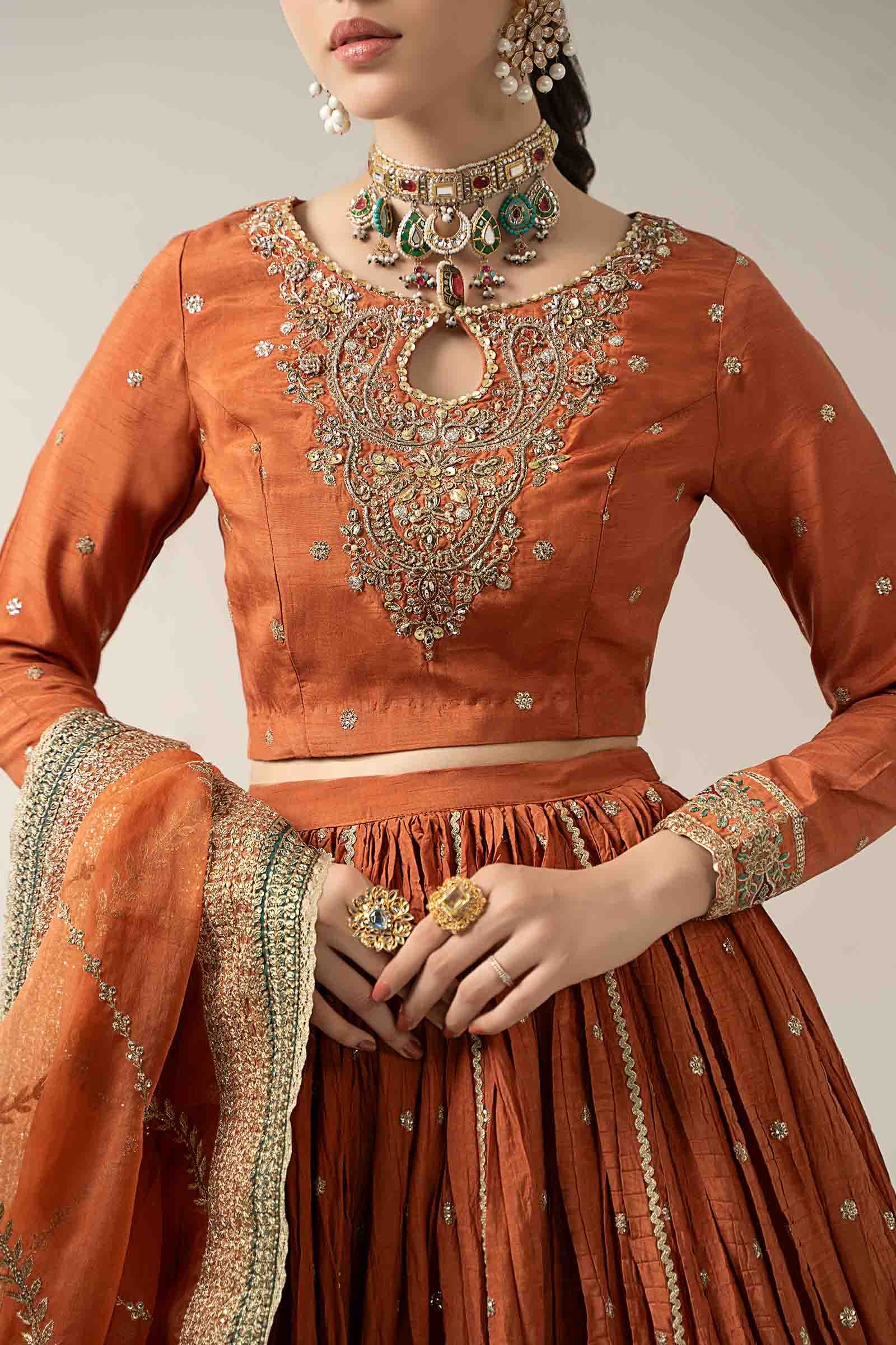 Pakistani Rust Embroidered Bemberg Raw Silk Lehenga (3-Piece) - Image 5