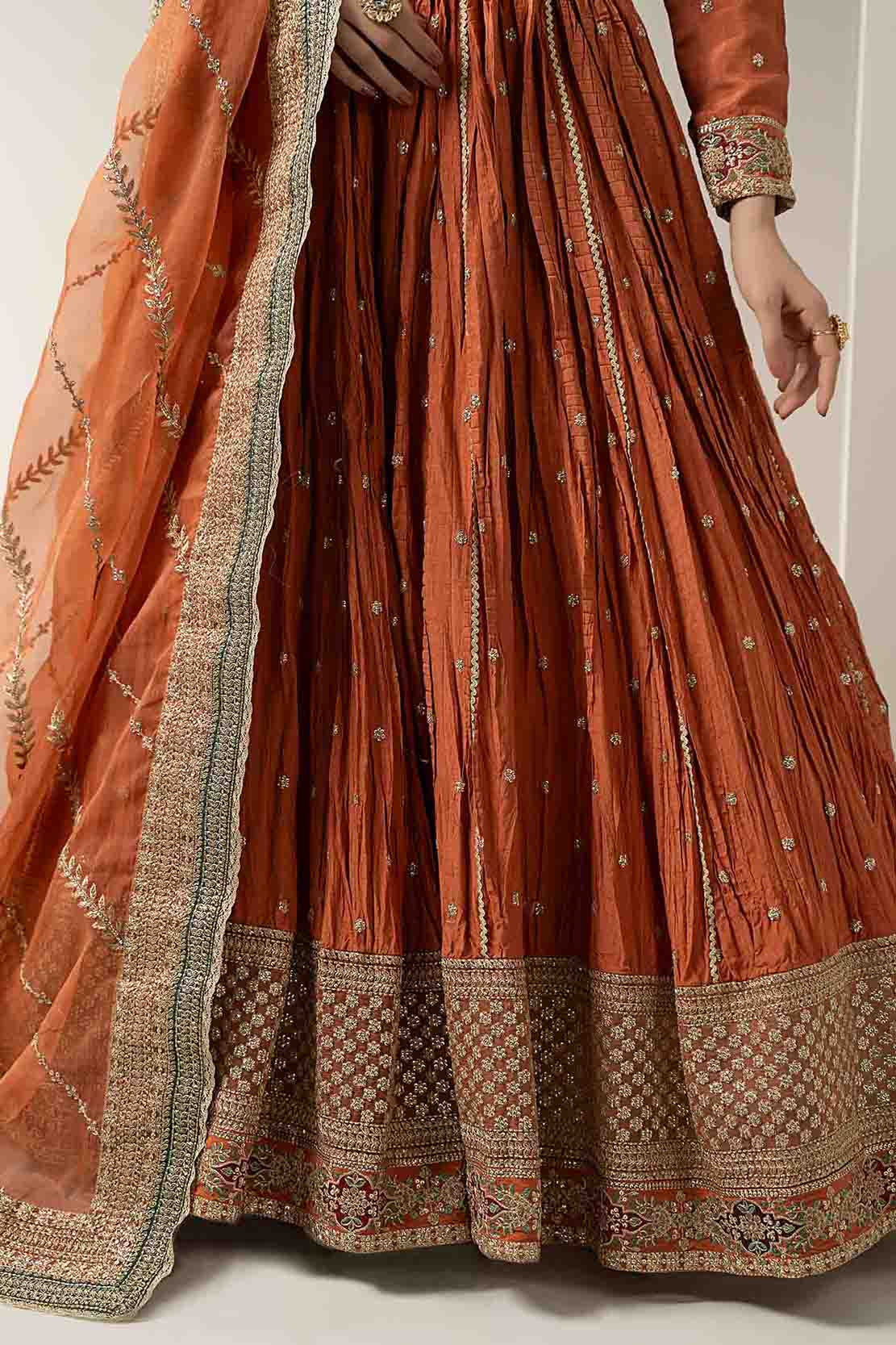 Pakistani Rust Embroidered Bemberg Raw Silk Lehenga (3-Piece) - Image 6