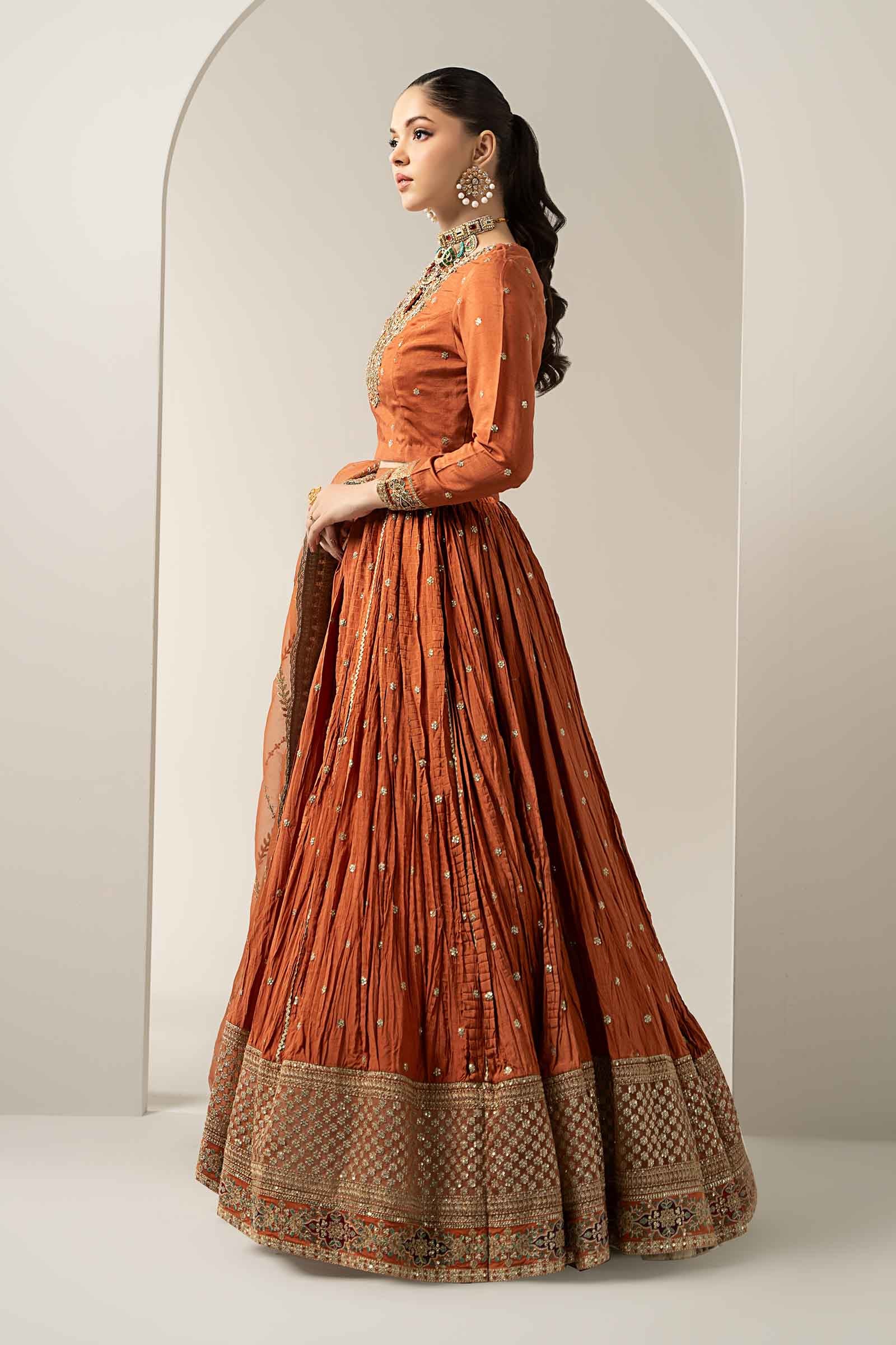 Pakistani Rust Embroidered Bemberg Raw Silk Lehenga (3-Piece) - Image 8