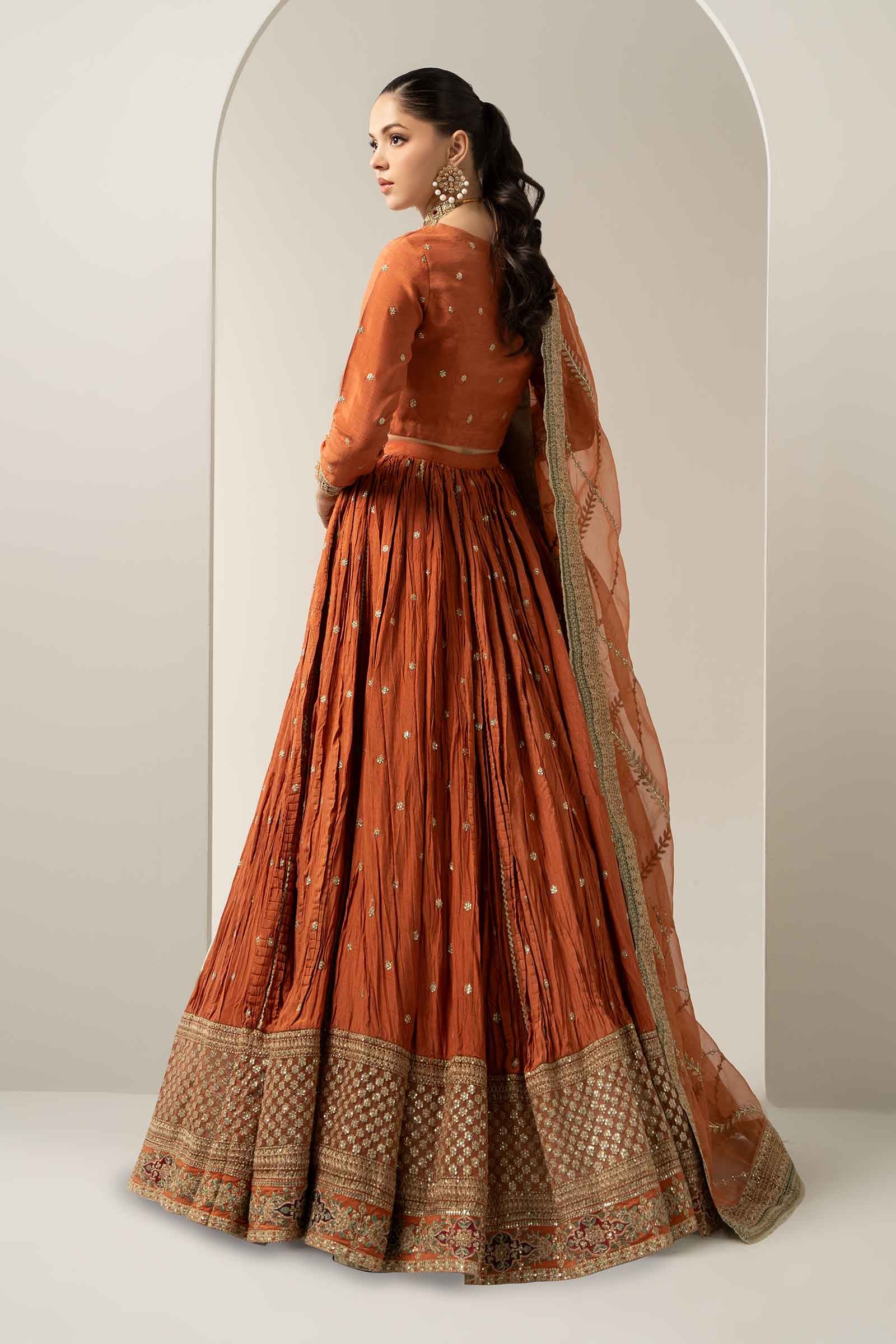 Pakistani Rust Embroidered Bemberg Raw Silk Lehenga (3-Piece) - Image 9
