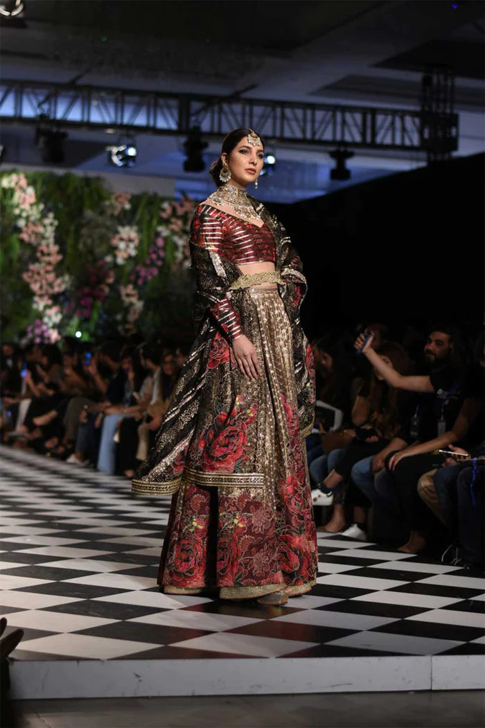 Pakistani Deep Maroon Gold Brocade Lehenga Dress (3-Piece) - Image 1