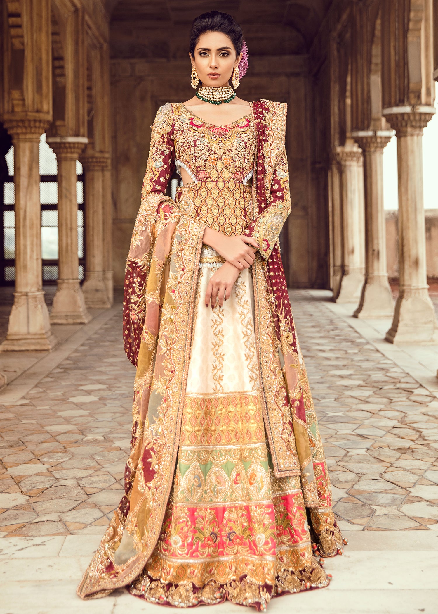 Pakistani Maroon Ivory Embroidered Silk Bridal Lehenga (3-Piece) - Image 1