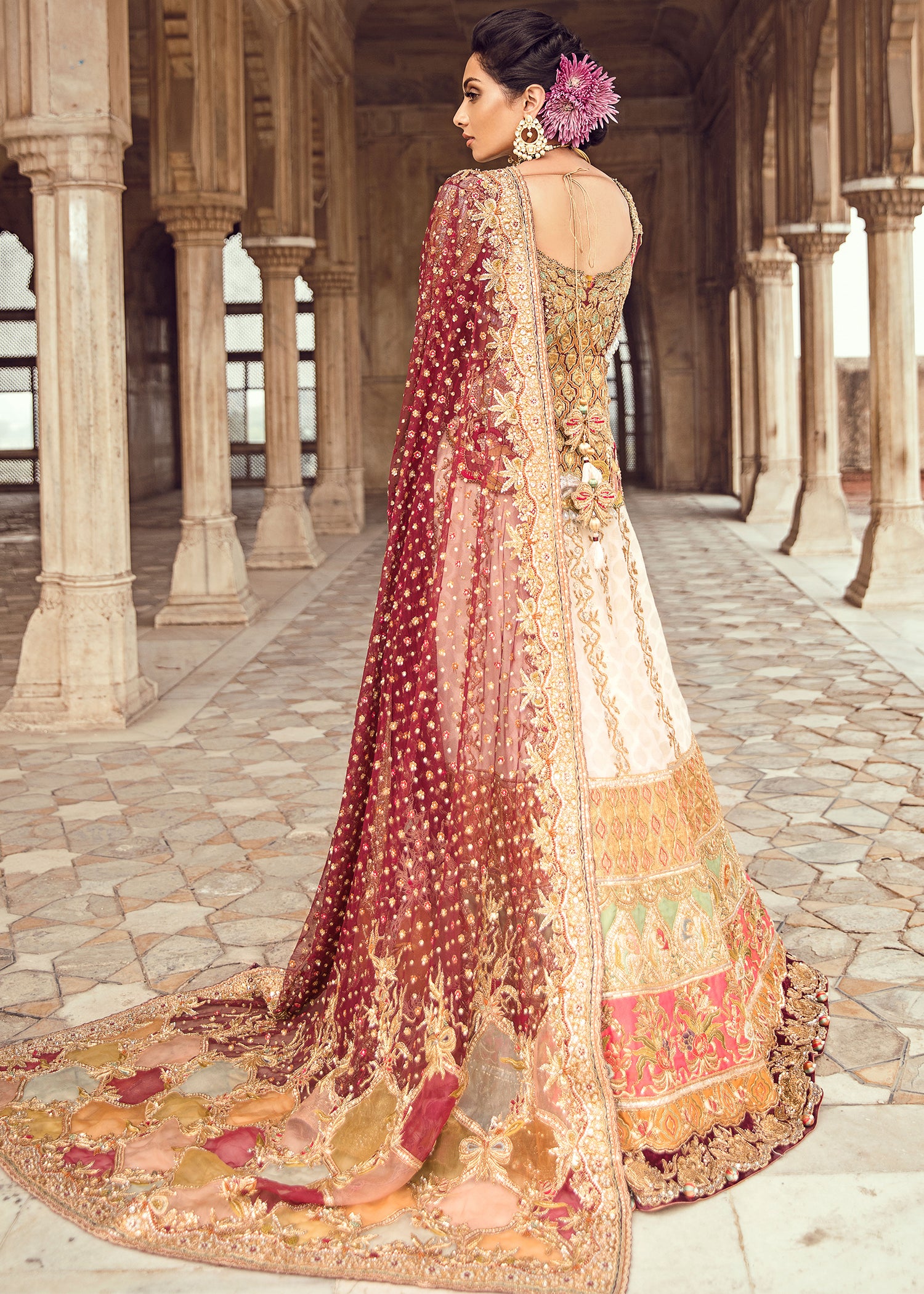 Pakistani Maroon Ivory Embroidered Silk Bridal Lehenga (3-Piece) - Image 2