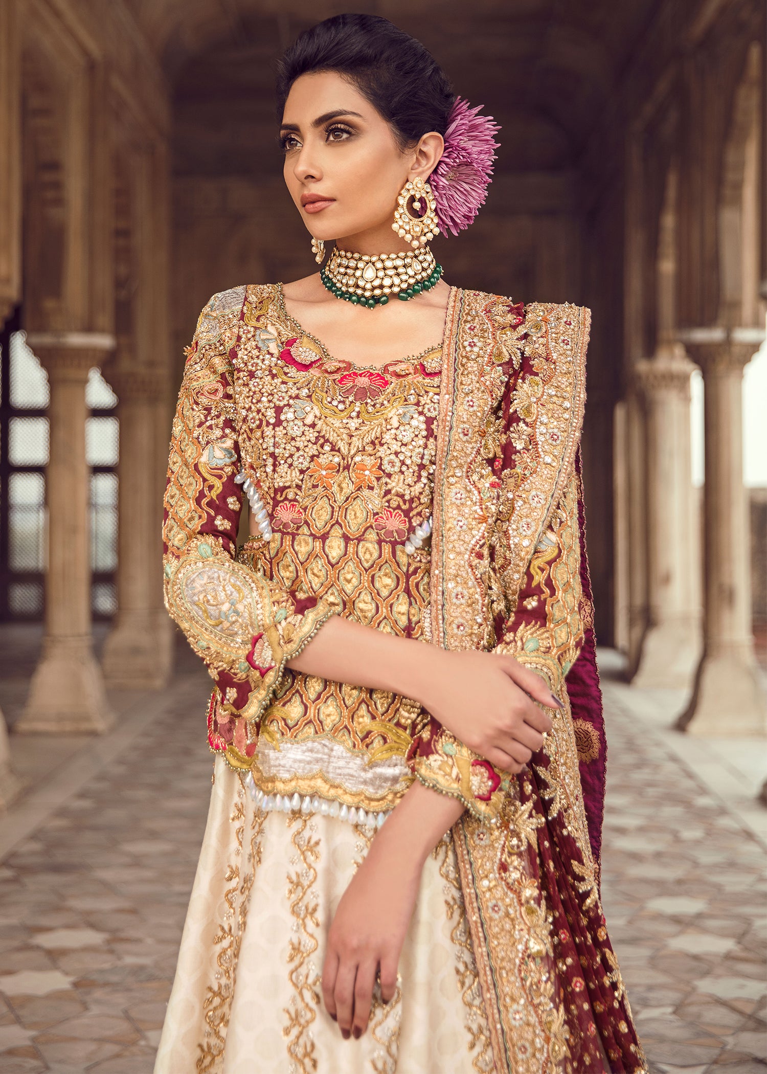 Pakistani Maroon Ivory Embroidered Silk Bridal Lehenga (3-Piece) - Image 3