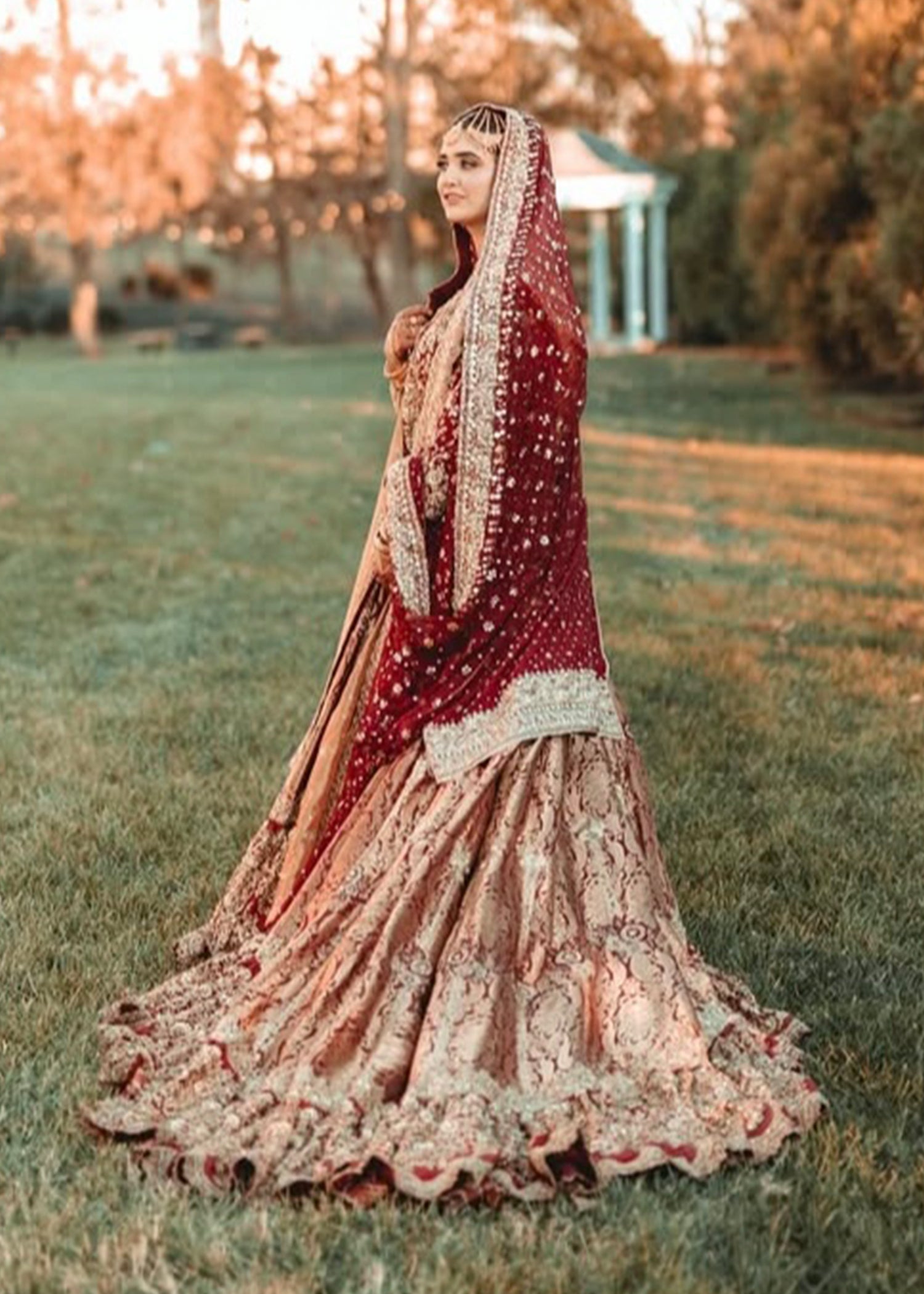 Pakistani Deep Maroon Zardozi Brocade Bridal Lehenga (3-Piece) - Image 4