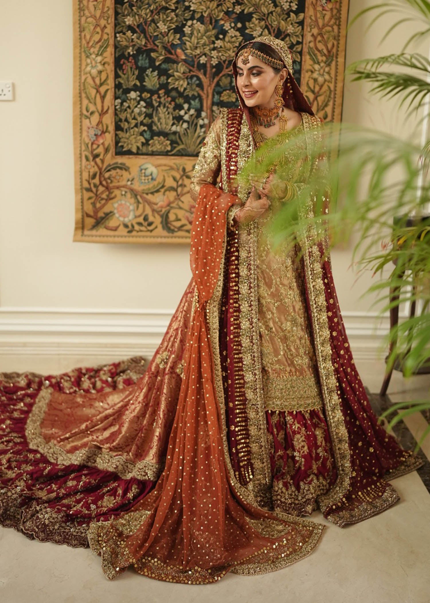 Pakistani Deep Maroon Rust Zardozi Velvet Brocade Bridal Lehenga (3-Piece) - Image 2
