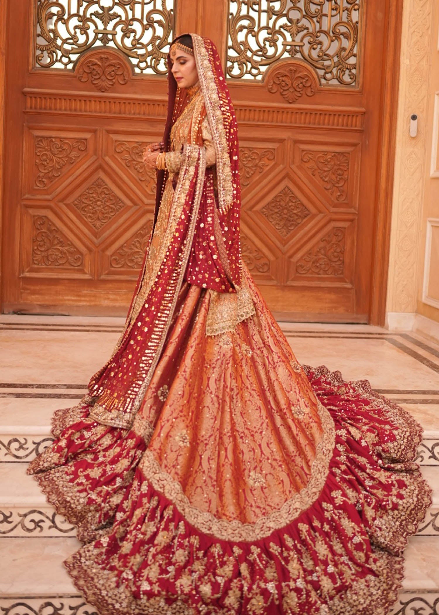 Pakistani Deep Maroon Rust Zardozi Velvet Brocade Bridal Lehenga (3-Piece) - Image 3