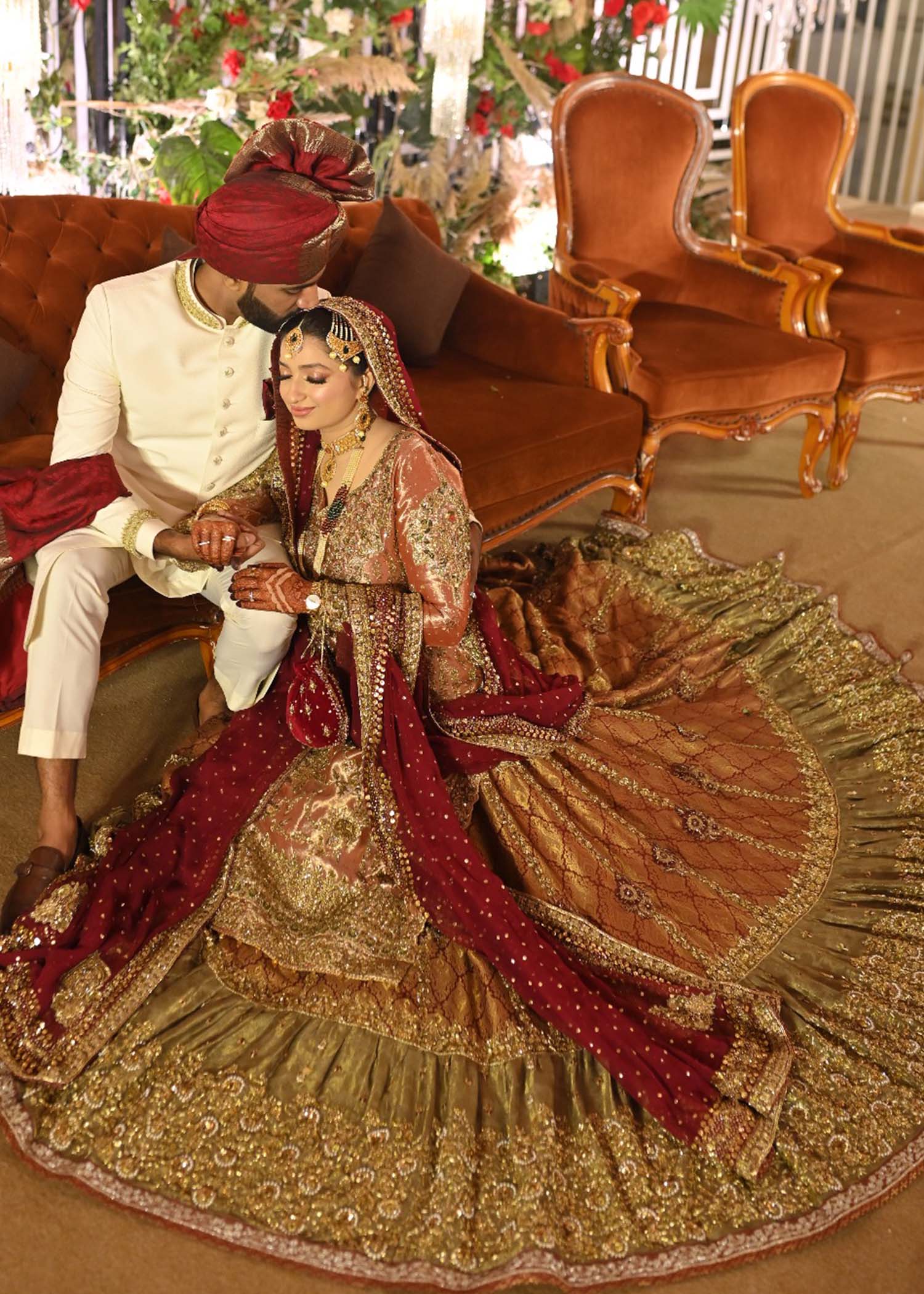 Deep Maroon Gold Embellished Tissue Brocade Bridal Lehenga (3-Piece) - Image 1