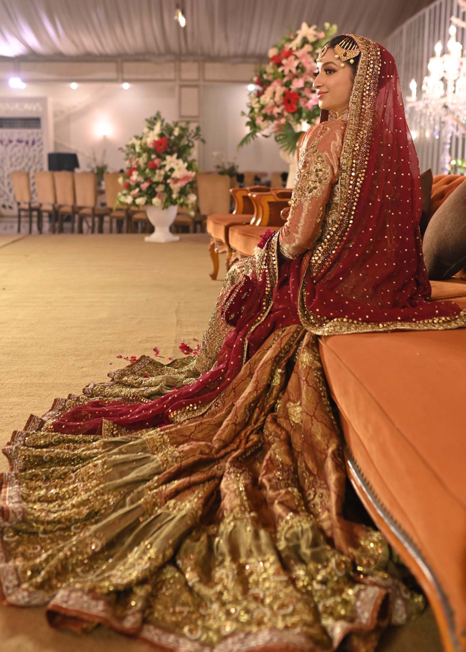 Deep Maroon Gold Embellished Tissue Brocade Bridal Lehenga (3-Piece) - Image 11