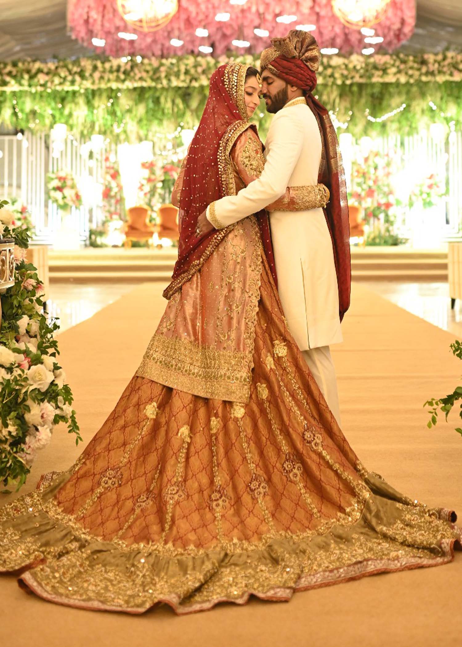 Deep Maroon Gold Embellished Tissue Brocade Bridal Lehenga (3-Piece) - Image 2