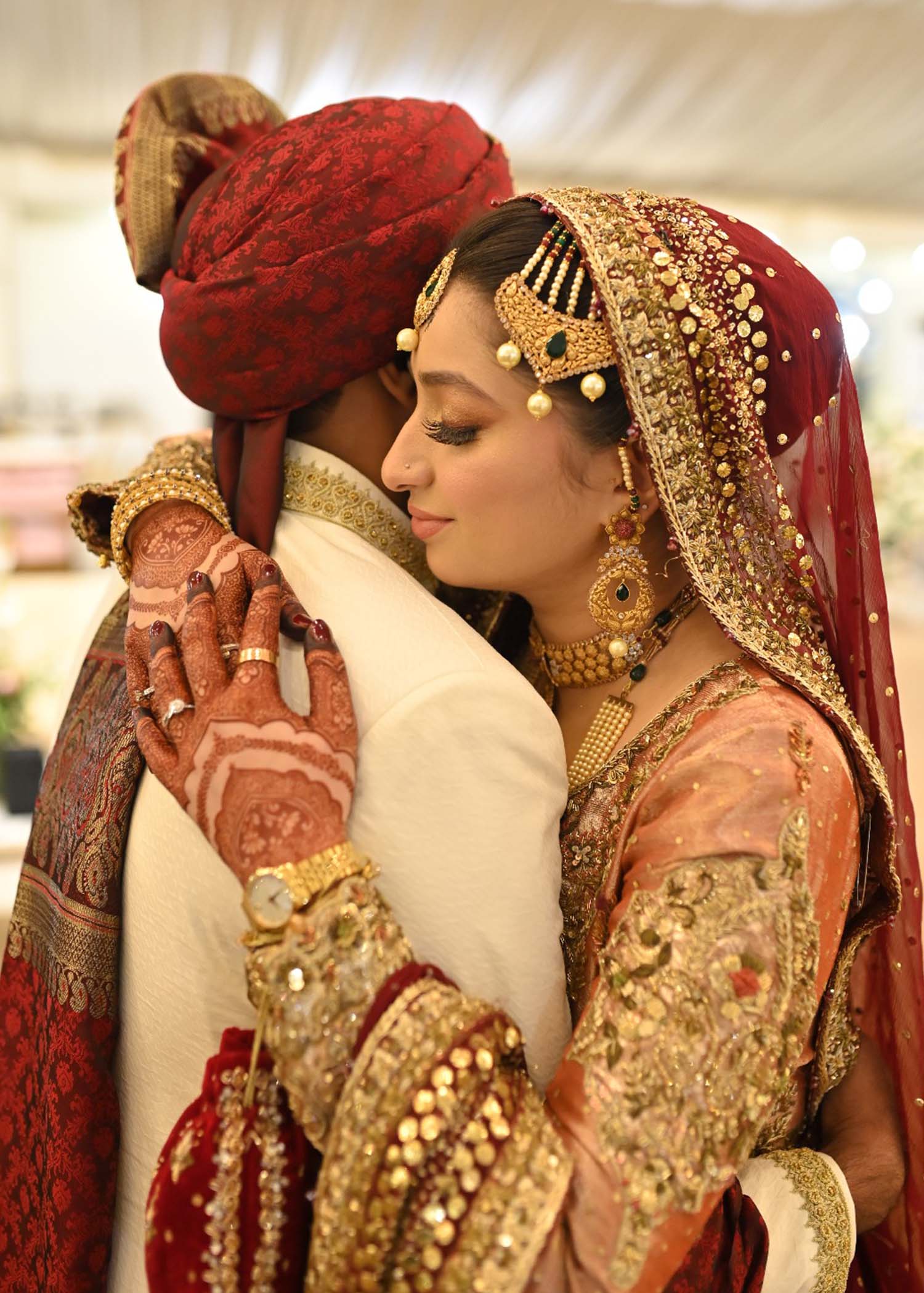 Deep Maroon Gold Embellished Tissue Brocade Bridal Lehenga (3-Piece) - Image 3