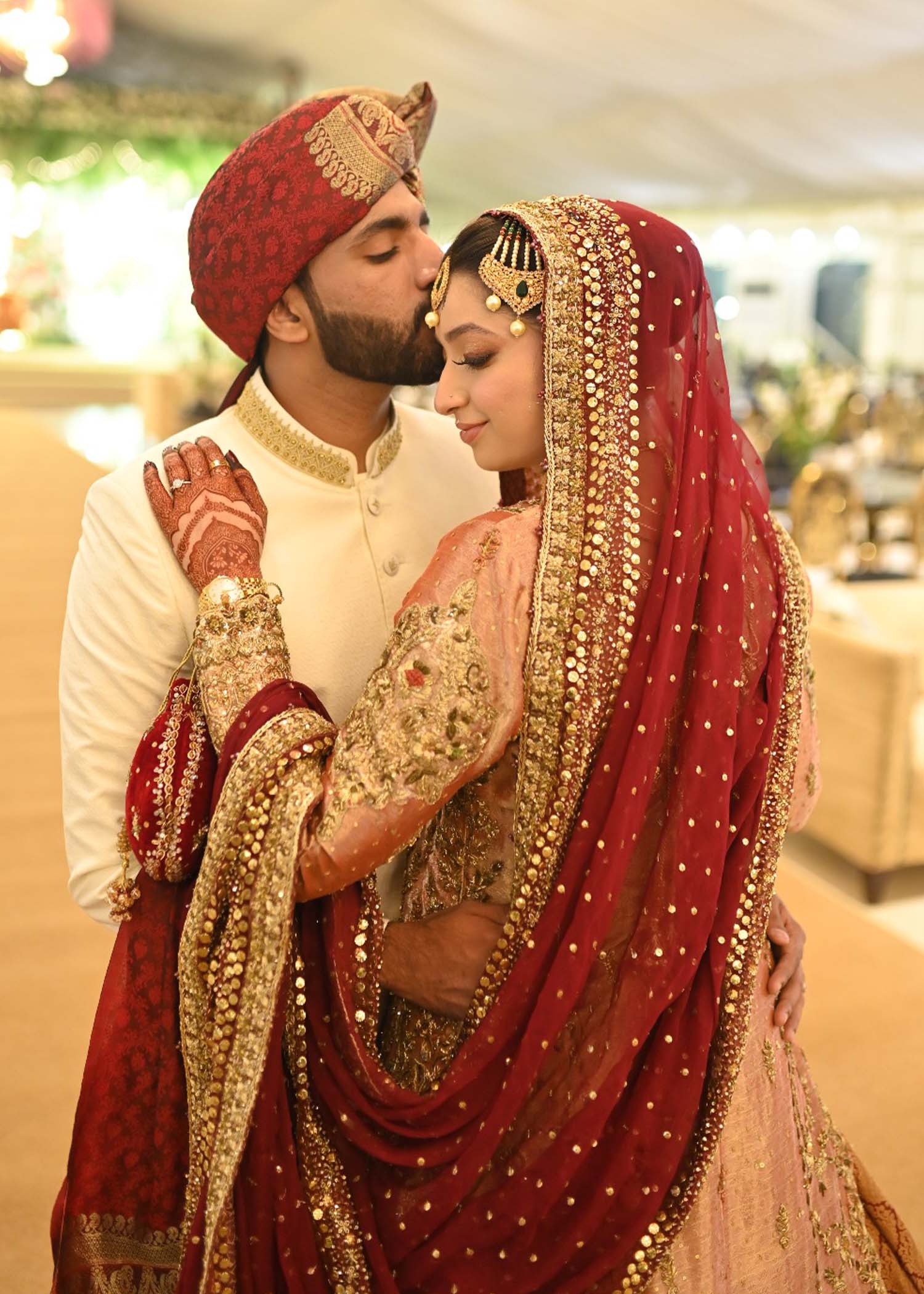 Deep Maroon Gold Embellished Tissue Brocade Bridal Lehenga (3-Piece) - Image 4