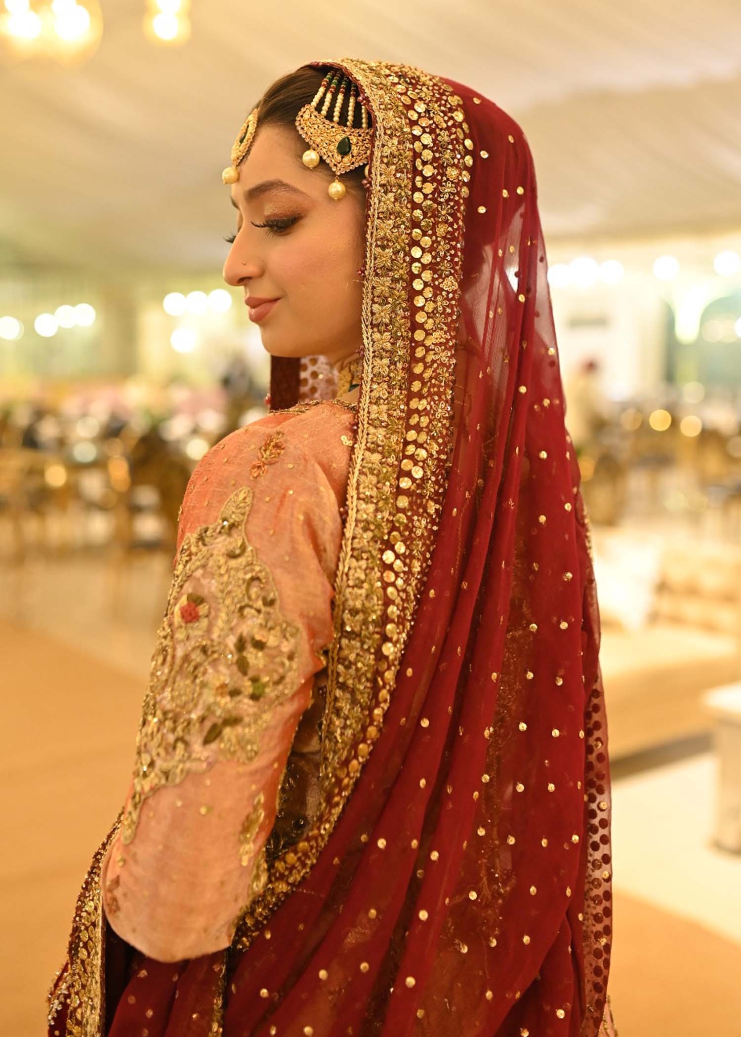 Deep Maroon Gold Embellished Tissue Brocade Bridal Lehenga (3-Piece) - Image 6