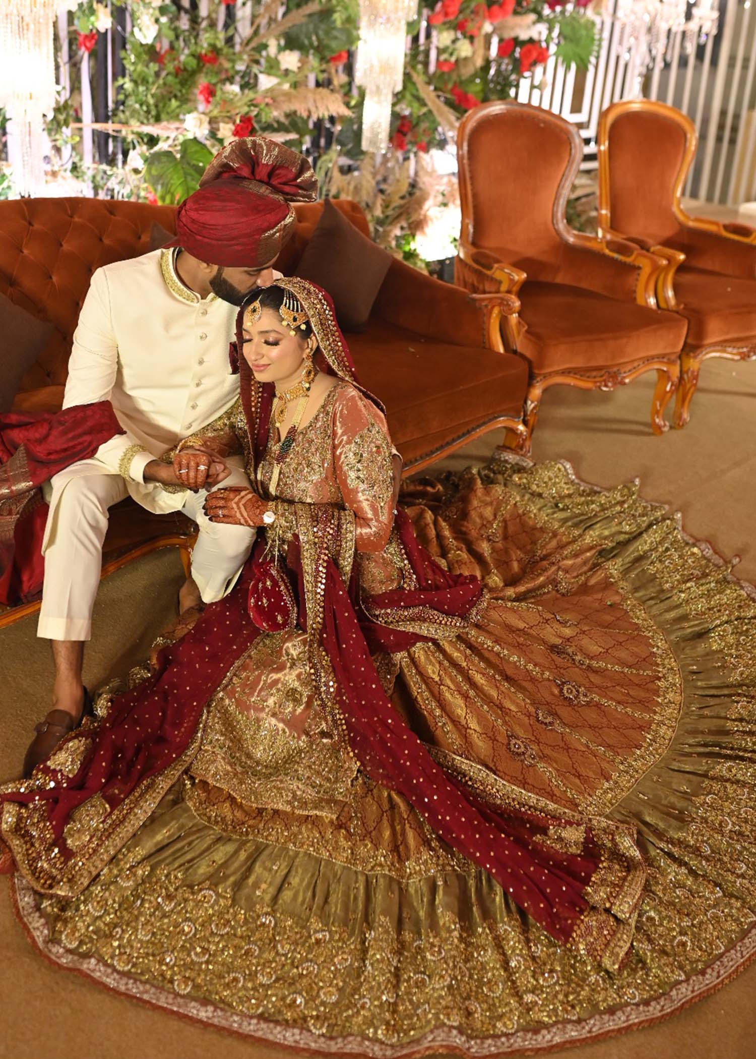 Deep Maroon Gold Embellished Tissue Brocade Bridal Lehenga (3-Piece) - Image 8