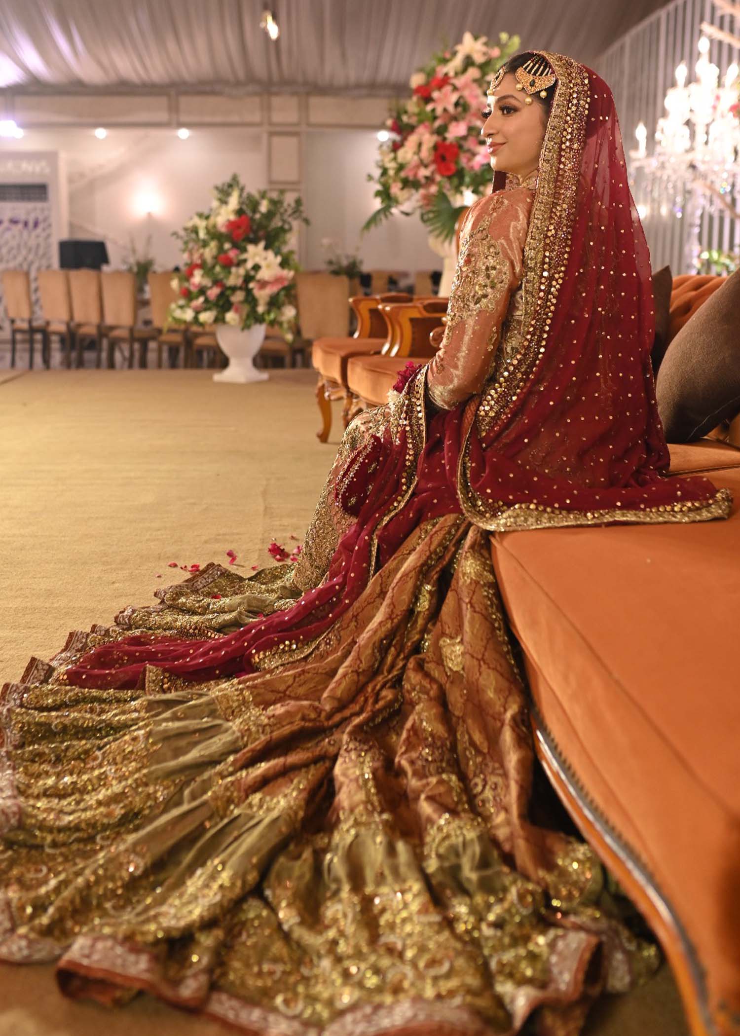 Deep Maroon Gold Embellished Tissue Brocade Bridal Lehenga (3-Piece) - Image 9