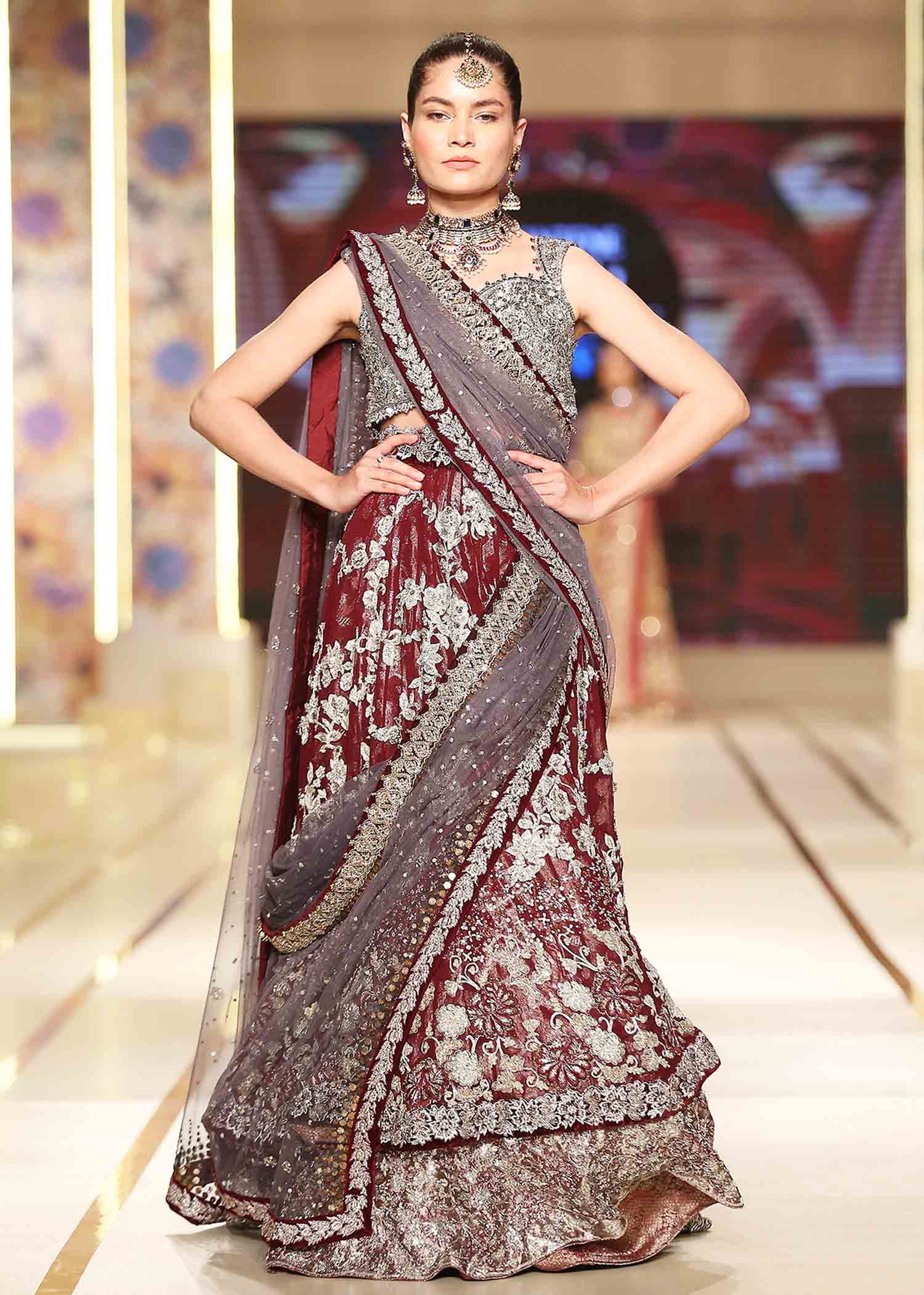 Grey & Wine Red Embroidered Lurex Lamé Lehenga (3-Piece) - Image 1