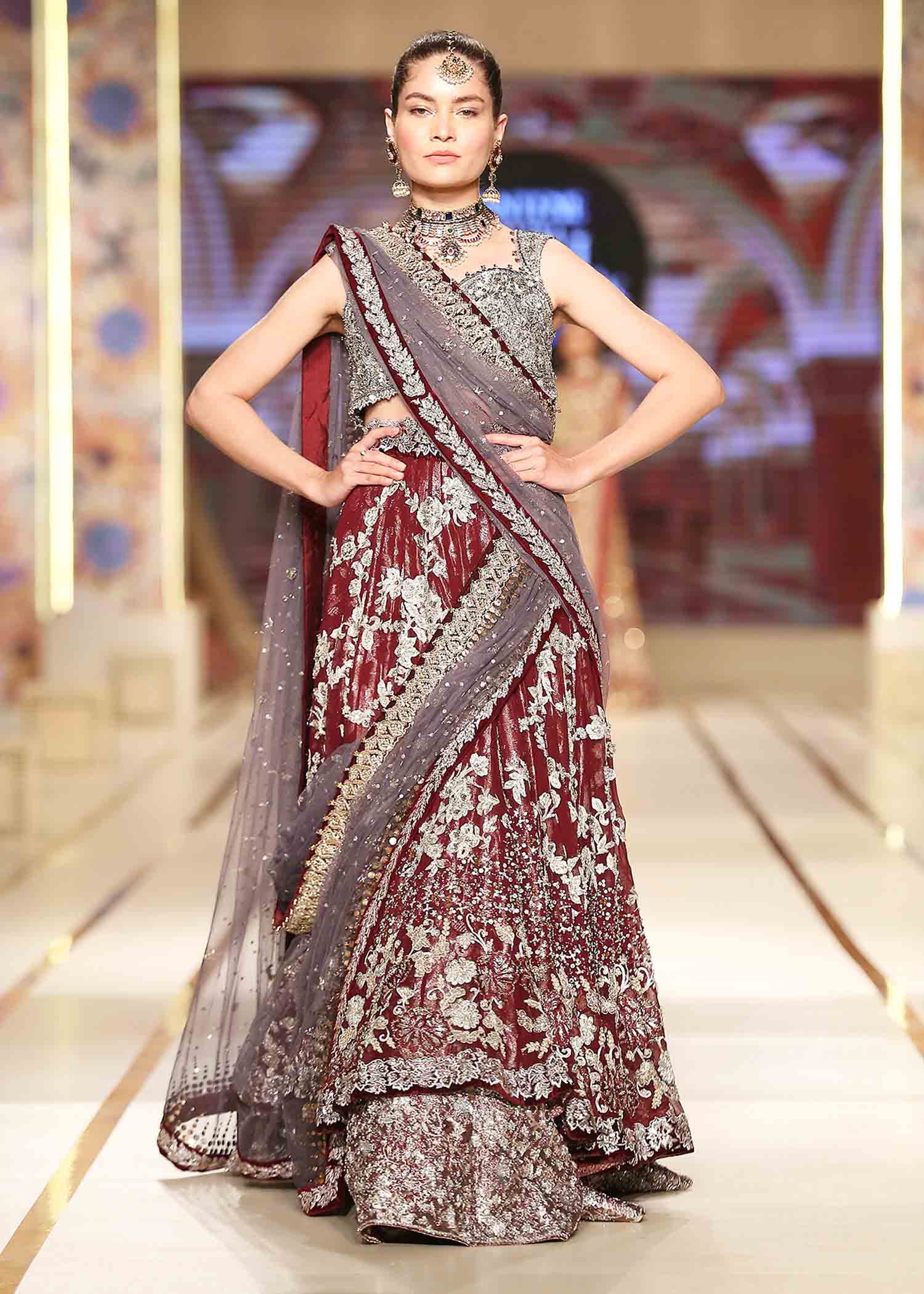 Grey & Wine Red Embroidered Lurex Lamé Lehenga (3-Piece) - Image 2
