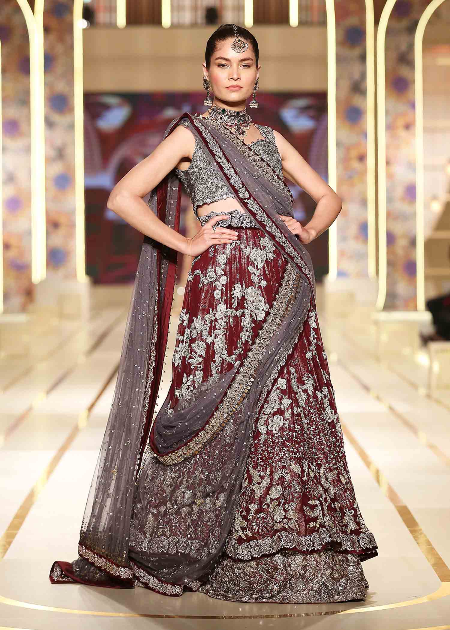 Grey & Wine Red Embroidered Lurex Lamé Lehenga (3-Piece) - Image 3