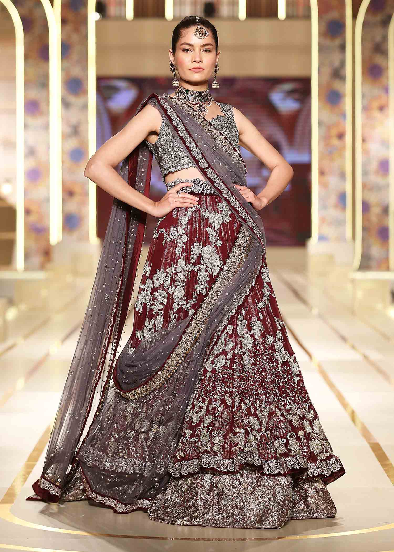 Grey & Wine Red Embroidered Lurex Lamé Lehenga (3-Piece) - Image 4