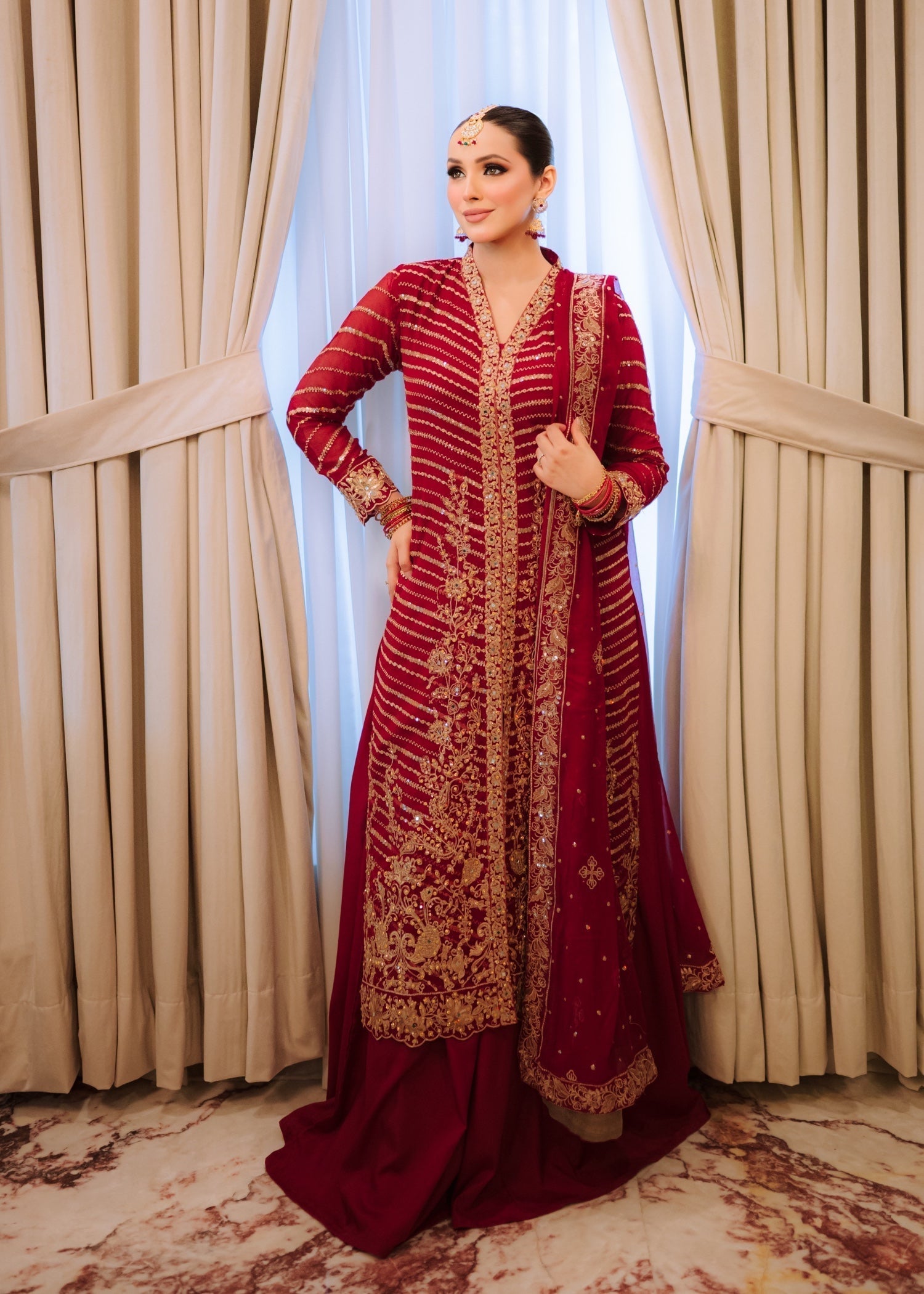 Maroon Embroidered Chiffon Lehenga Set (3-Piece) - Image 1