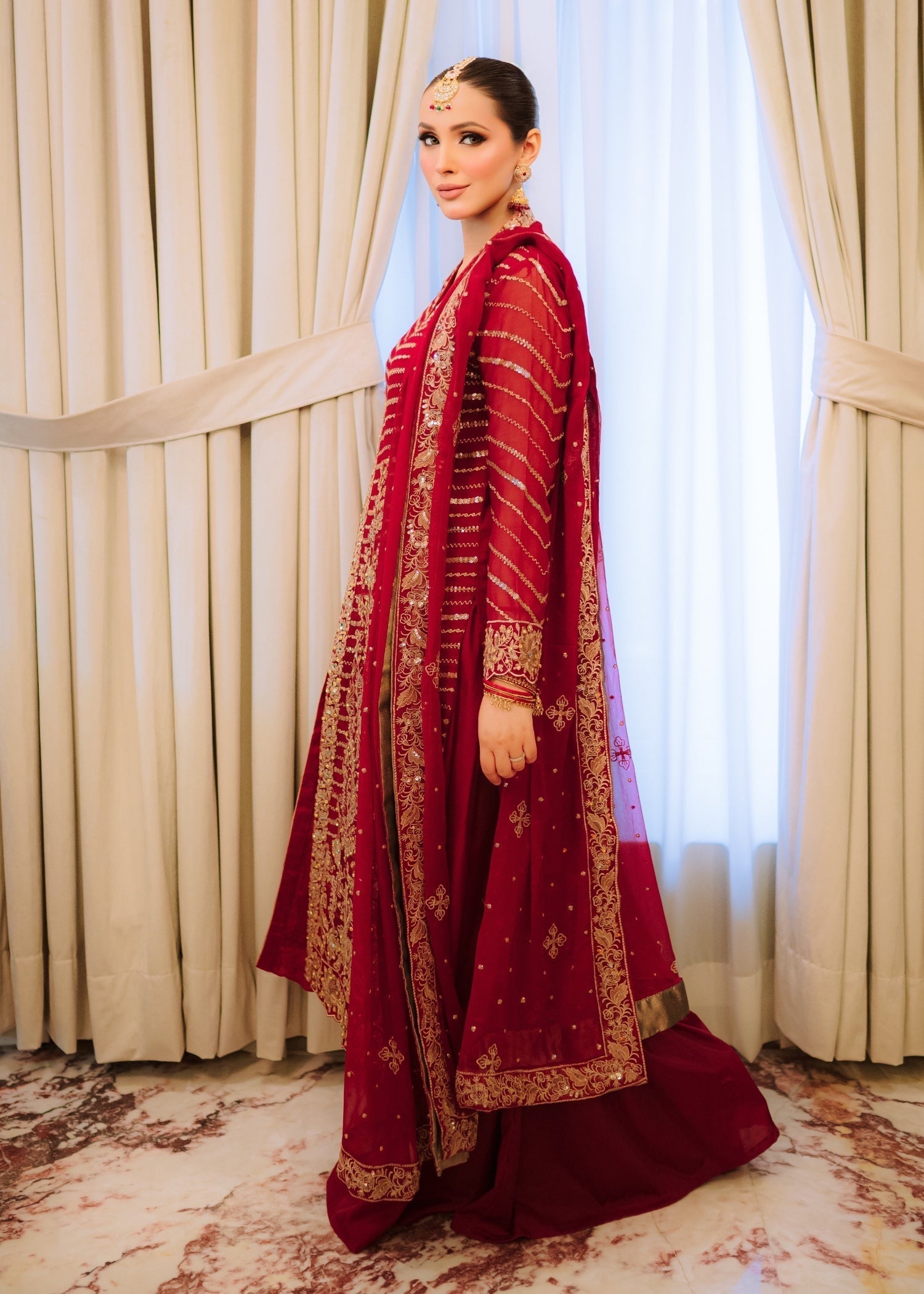 Maroon Embroidered Chiffon Lehenga Set (3-Piece) - Image 2
