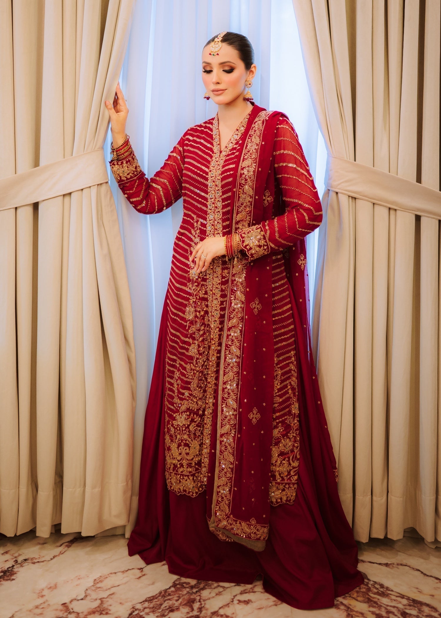 Maroon Embroidered Chiffon Lehenga Set (3-Piece) - Image 3