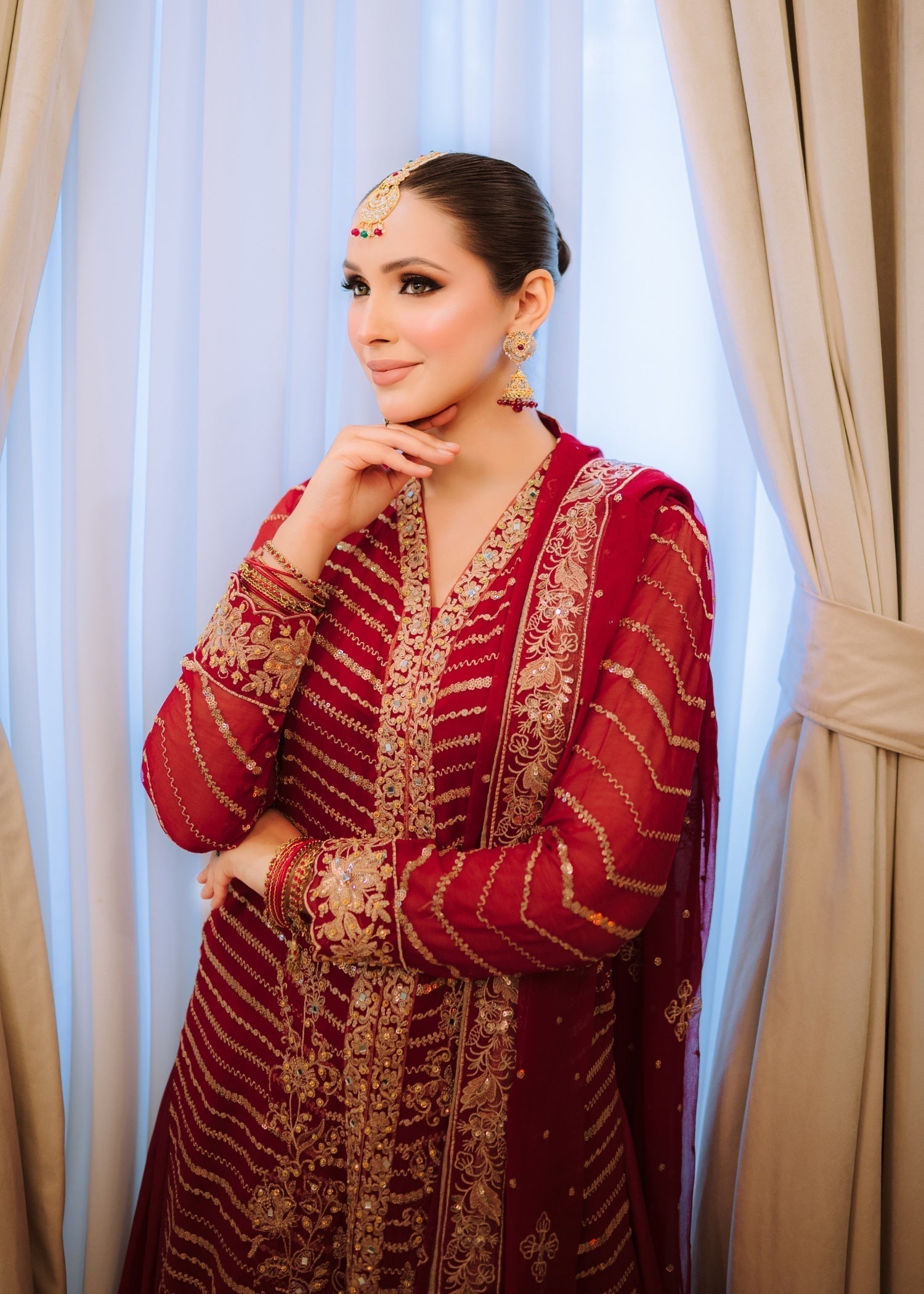 Maroon Embroidered Chiffon Lehenga Set (3-Piece) - Image 4