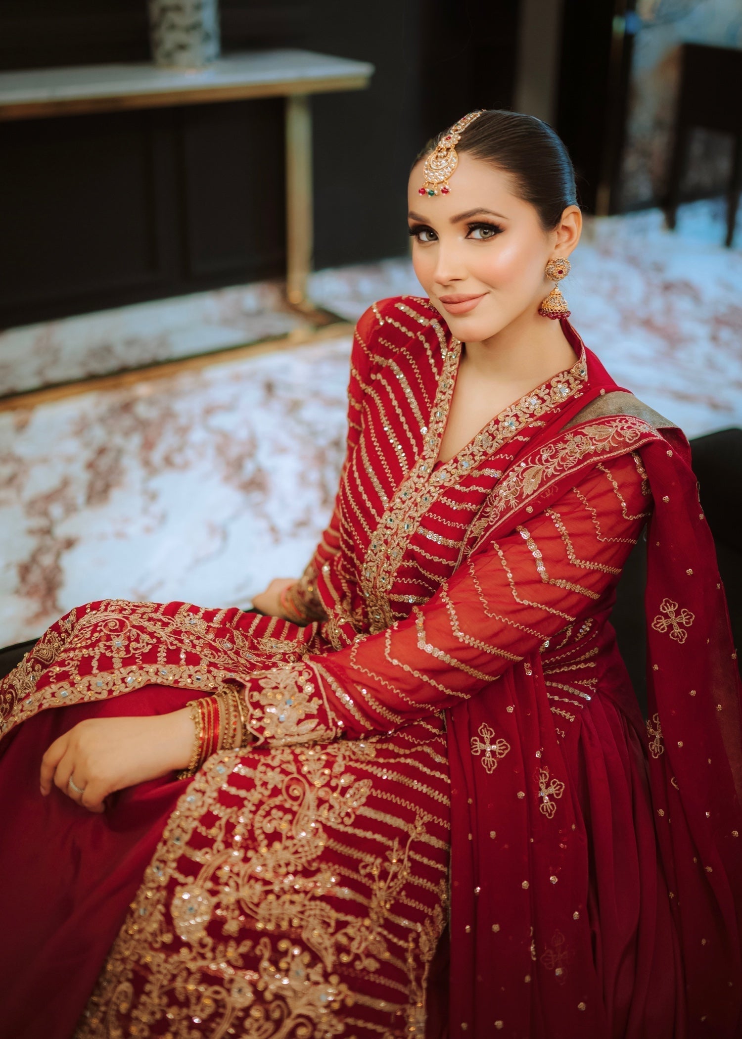 Maroon Embroidered Chiffon Lehenga Set (3-Piece) - Image 7