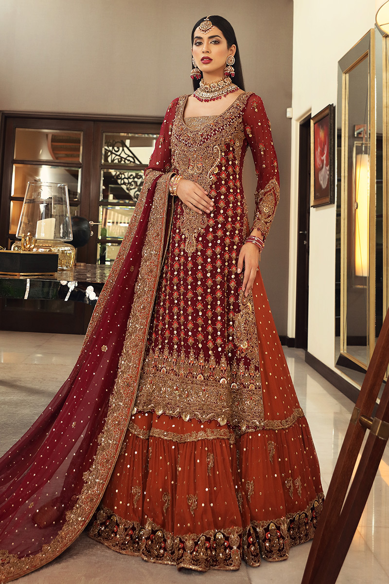 Deep Maroon Zardozi Chiffon Lehenga Set (3-Piece) - Image 1
