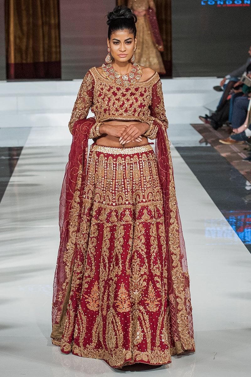 Pakistani Maroon Embroidered Chiffon Lehenga Set (3-Piece) - Image 1