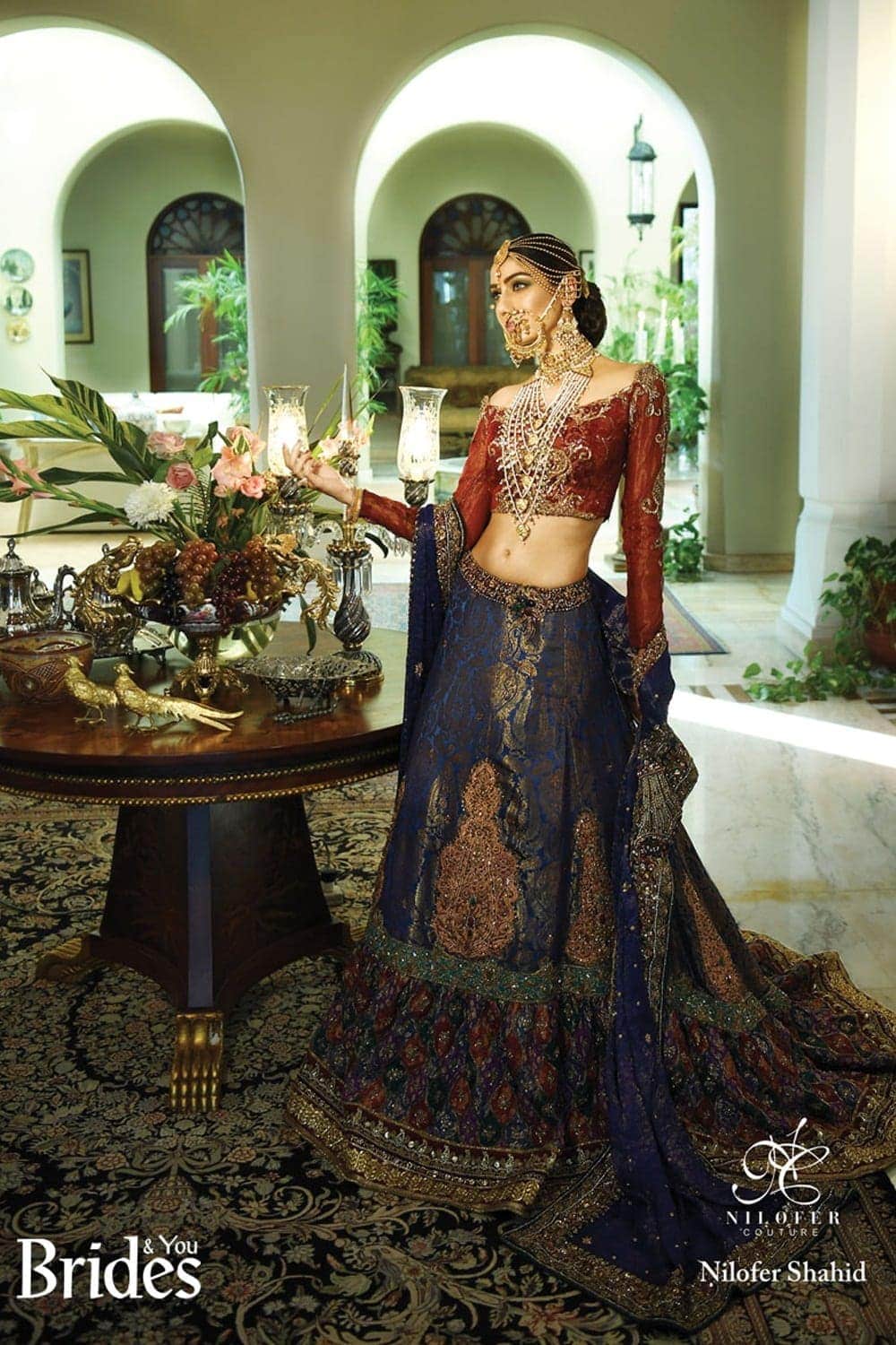 Maroon Zardozi Chiffon & Blue Kundan Zari Lehenga (3-Piece) - Image 1