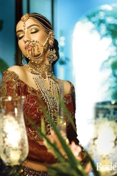 Maroon Zardozi Chiffon & Blue Kundan Zari Lehenga (3-Piece) - Image 2