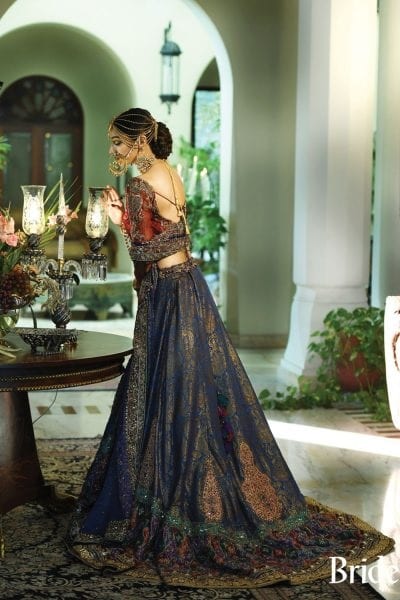 Maroon Zardozi Chiffon & Blue Kundan Zari Lehenga (3-Piece) - Image 3